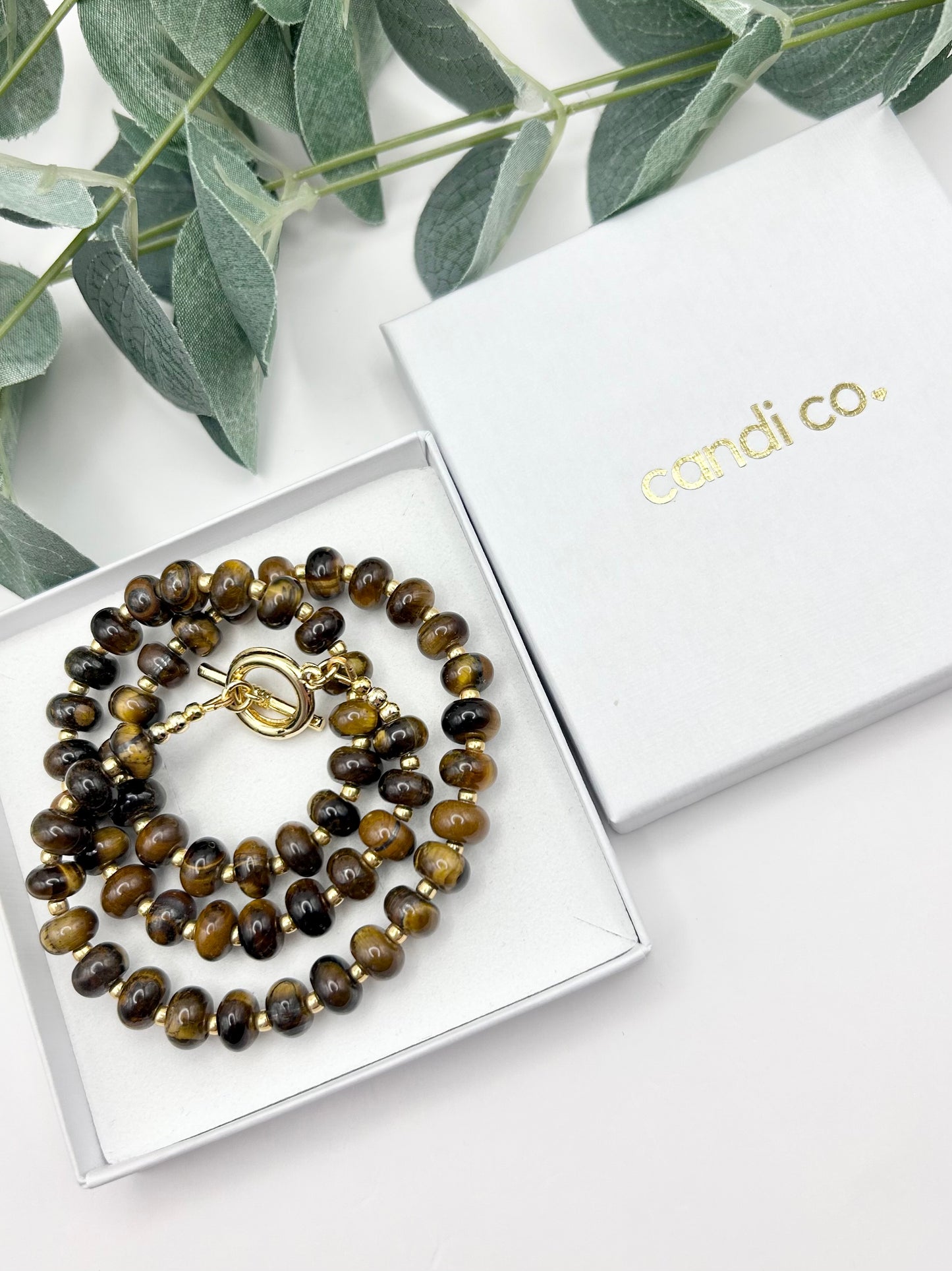 Tiger's Eye Rondelle Beaded Gemstone Necklace With Toggle Clasp - Gold-Plated
