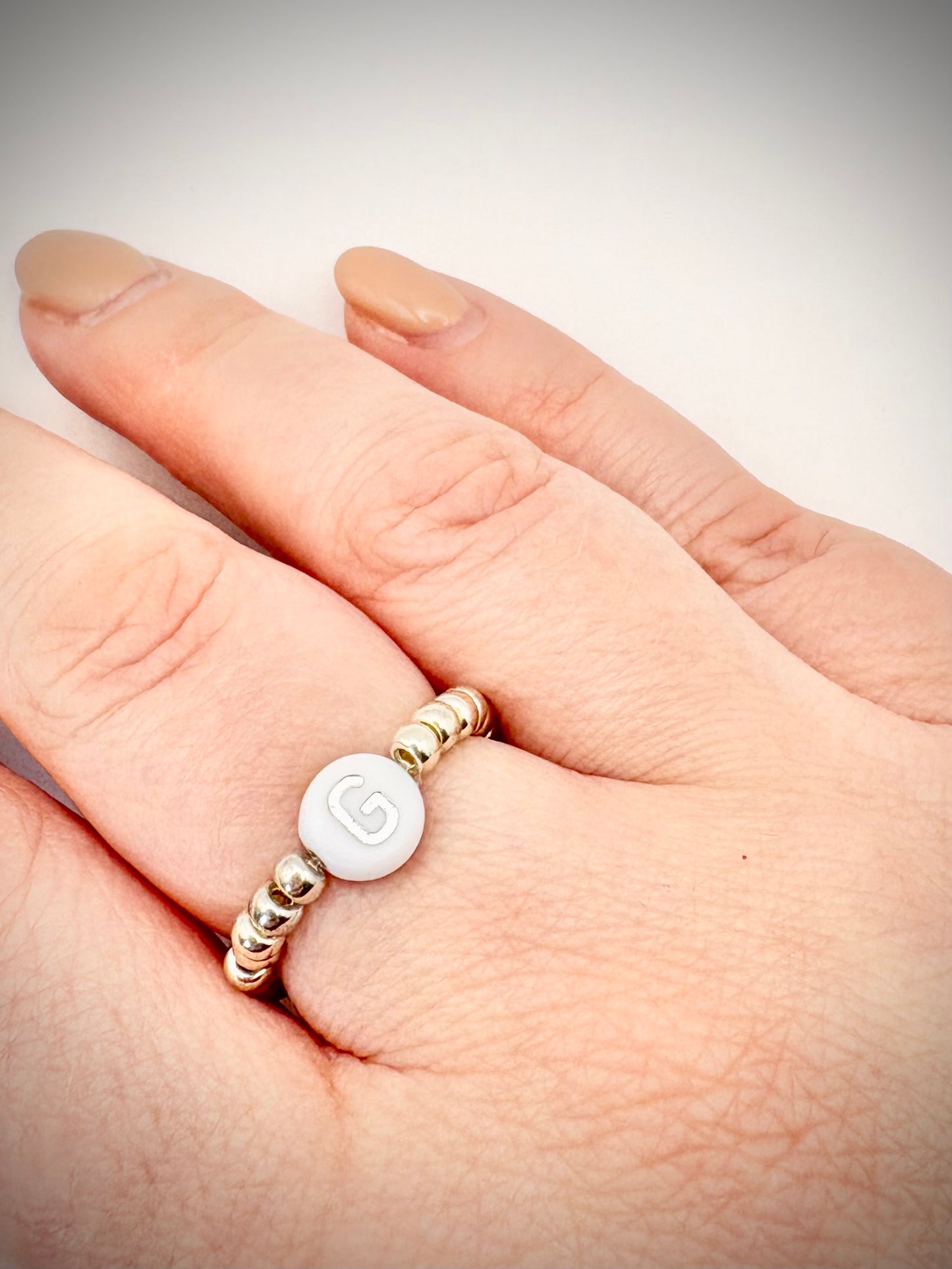 Seed Beaded Stretch Ring with Initial - Gold or Silver