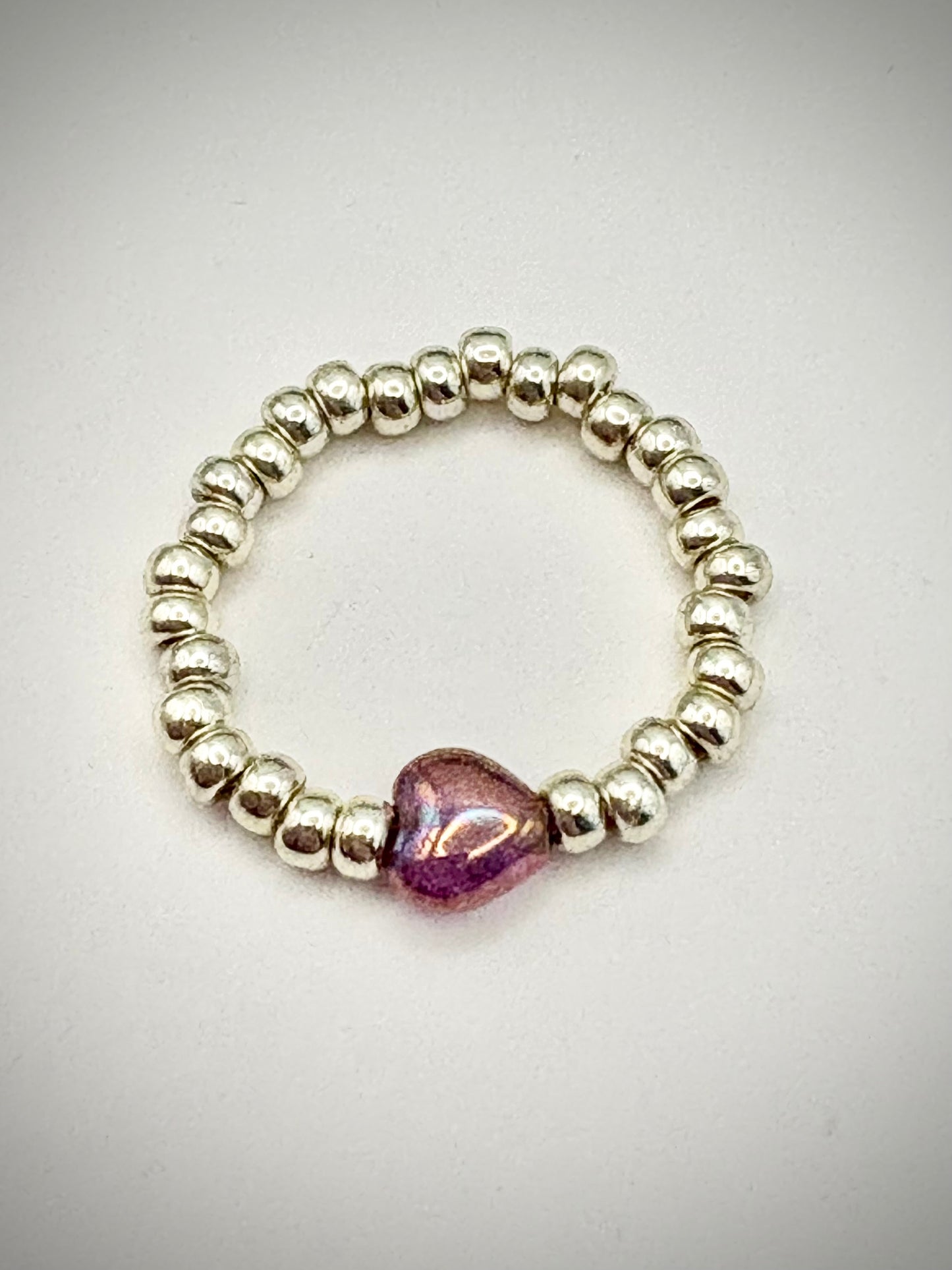 Silver 3mm Seed Beaded Stretch Ring with Czech Glass Heart Bead - Perfect For Stacking