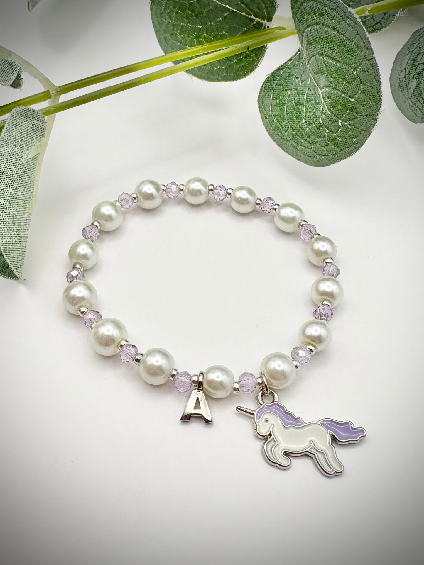 Kids Personalised Pearl, Crystal & Unicorn Charm Bracelet Silver