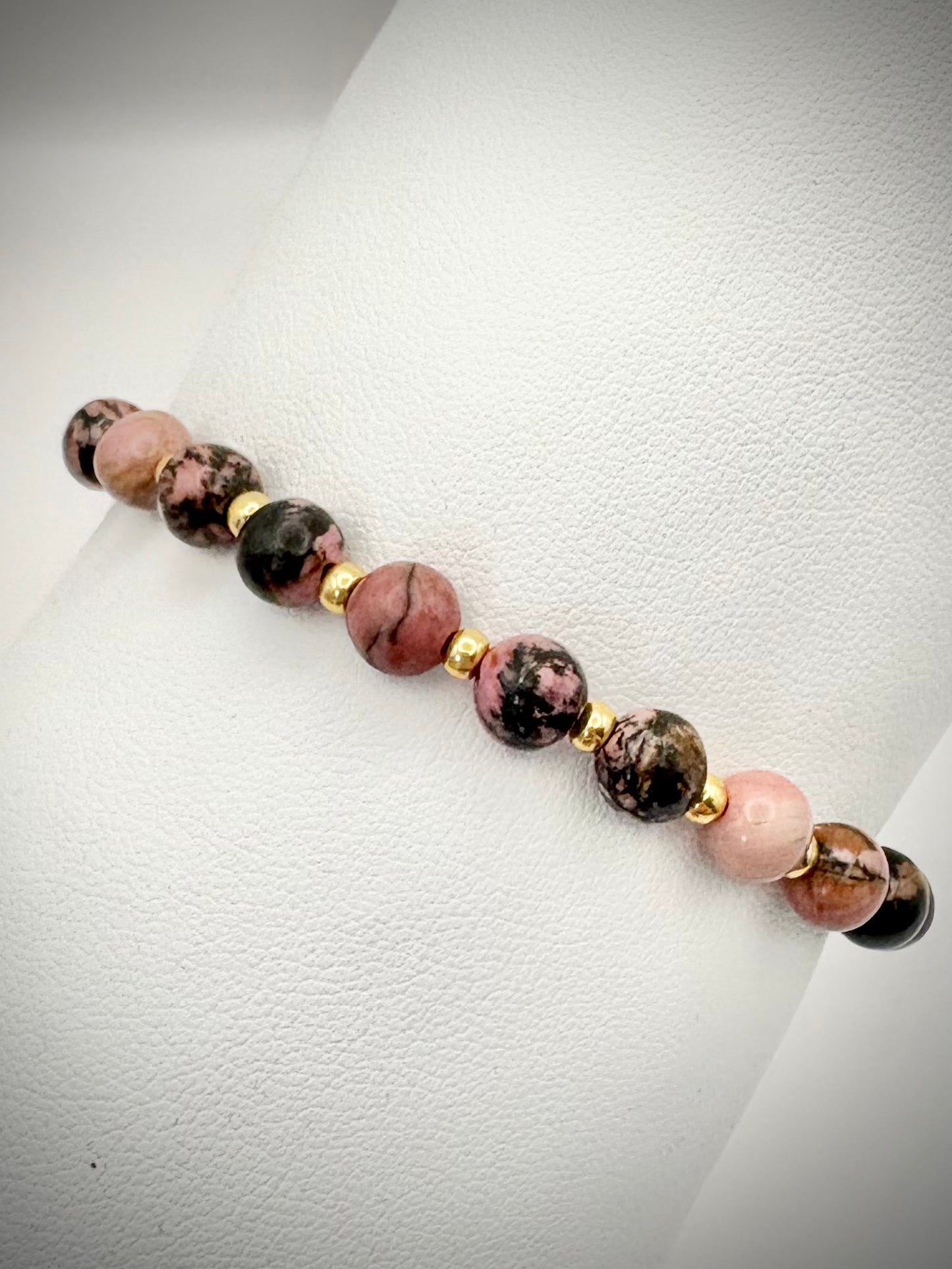 Rhodonite Gemstone and Gold Seed Beaded Stretch Bracelet
