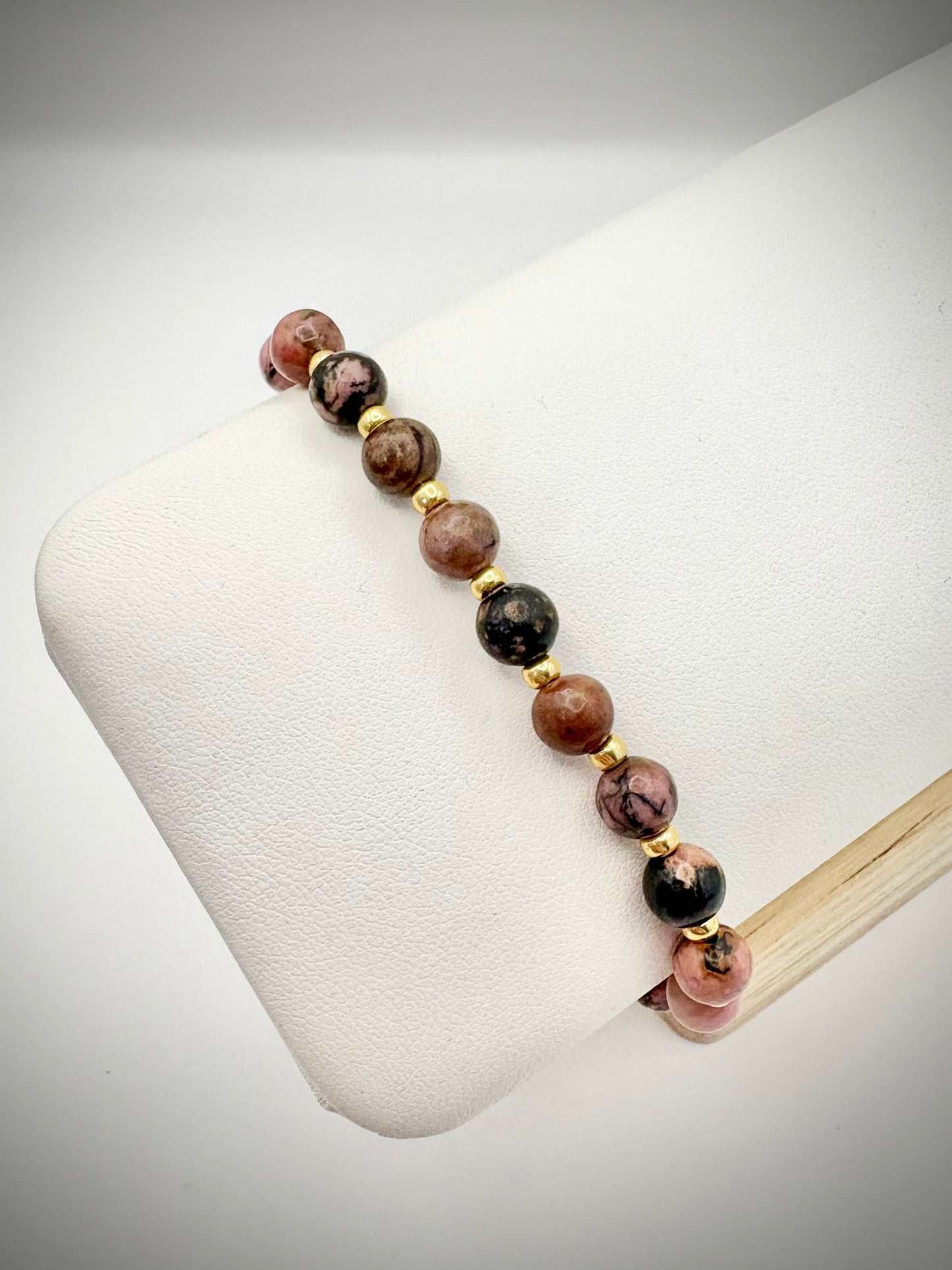 Rhodonite Gemstone and Gold Seed Beaded Stretch Bracelet