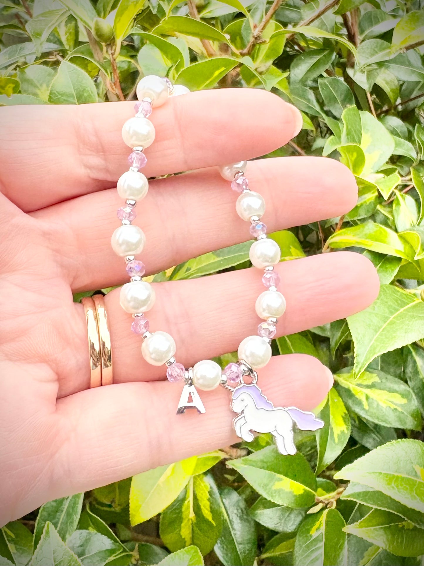 Kids Personalised Pearl, Crystal & Unicorn Charm Bracelet Silver