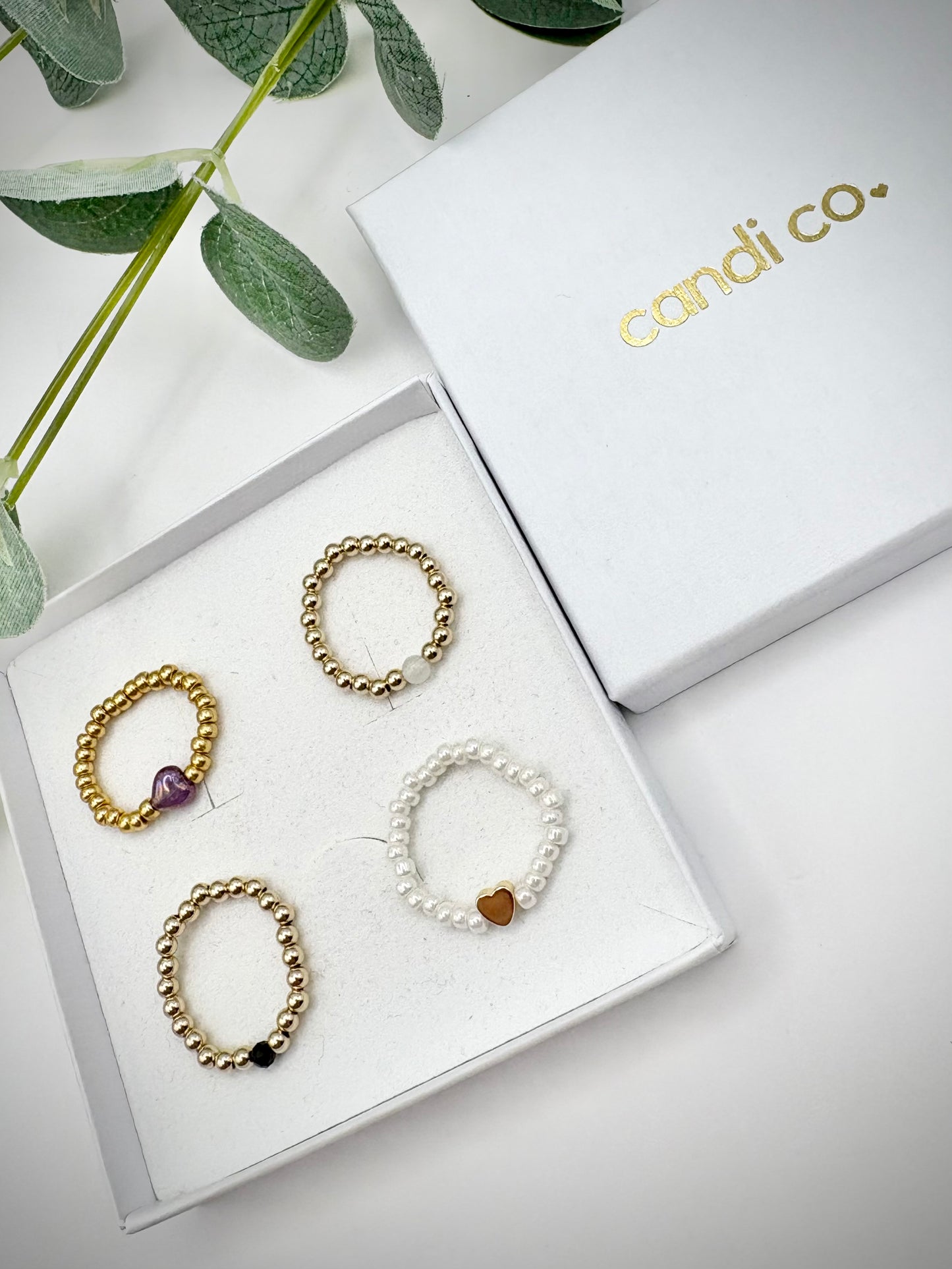 Pearl 3mm Seed Beaded Stretch Ring with Gold-Plated Heart Bead - Perfect For Stacking