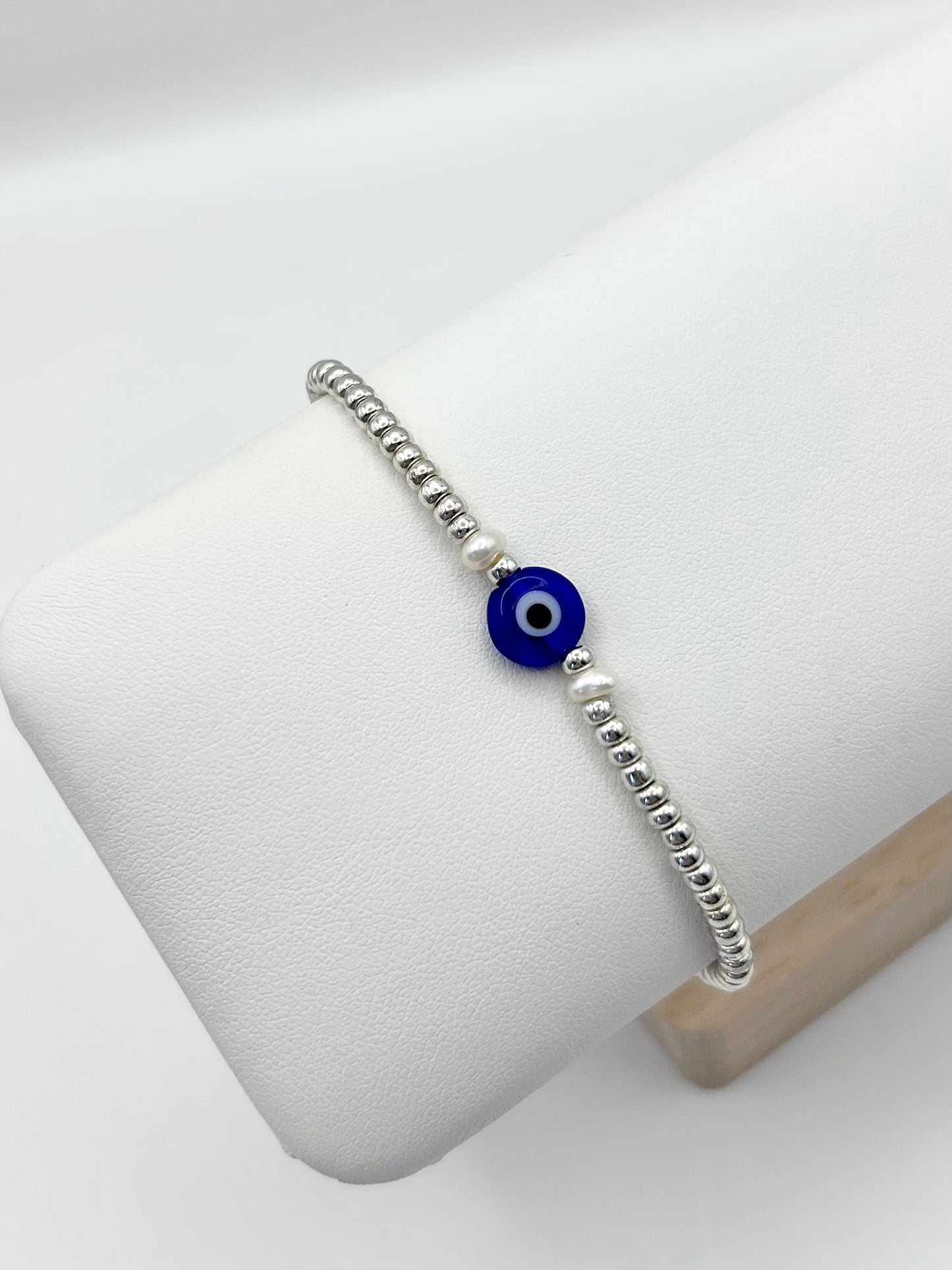Seed Bead Evil Eye Freshwater Pearl Bracelet Gold or Silver-Plated