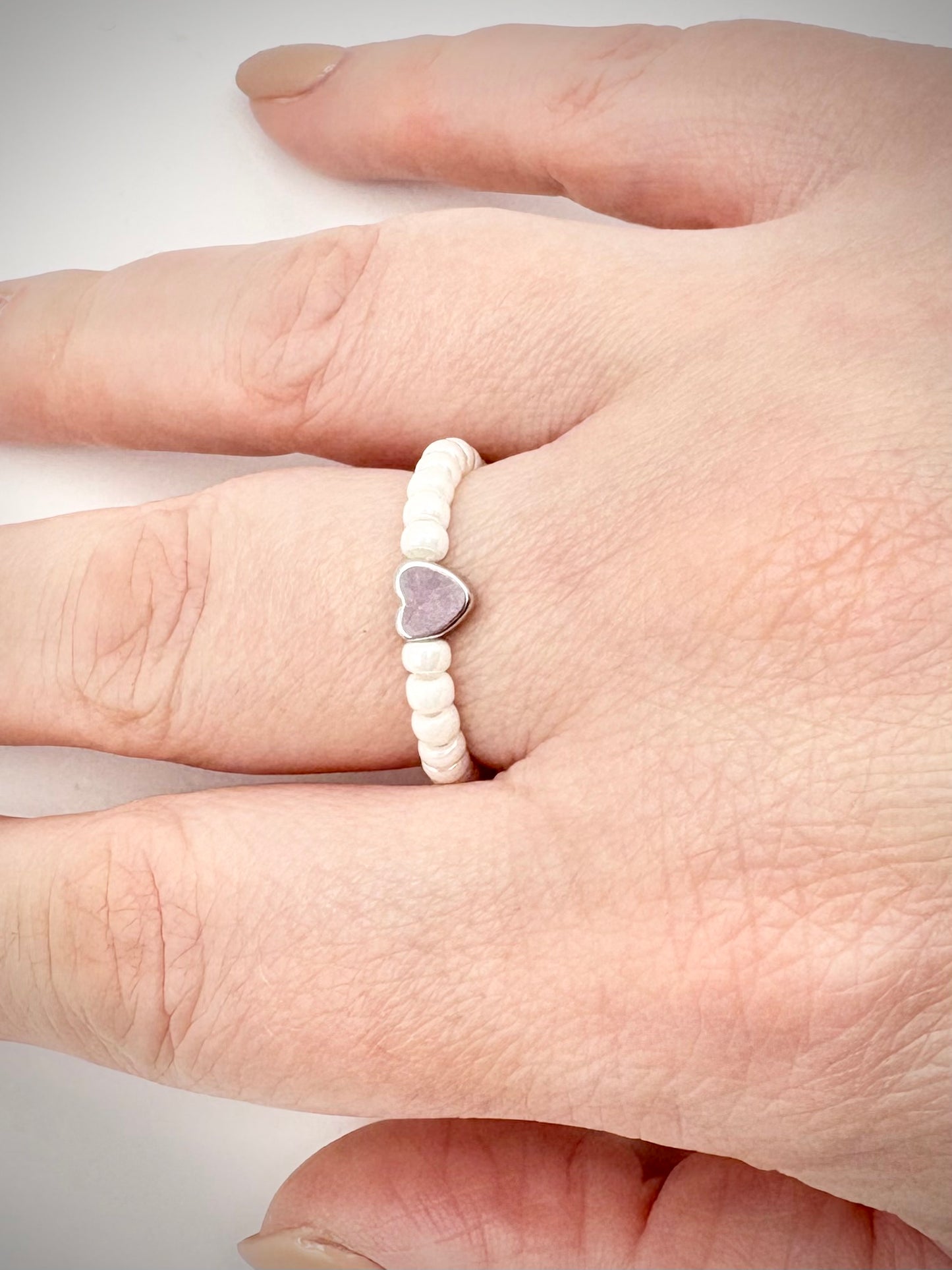 Pearl 3mm Seed Beaded Stretch Ring with Silver-Plated Heart Bead - Perfect For Stacking