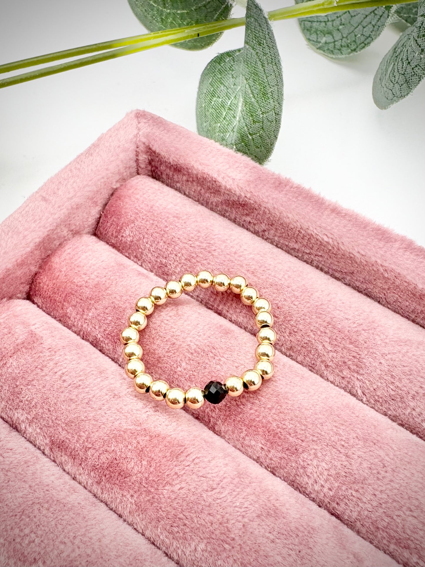 Luxe 14k Gold-filled 3mm Beaded Stretch Ring With Black Tourmaline - Perfect For Stacking
