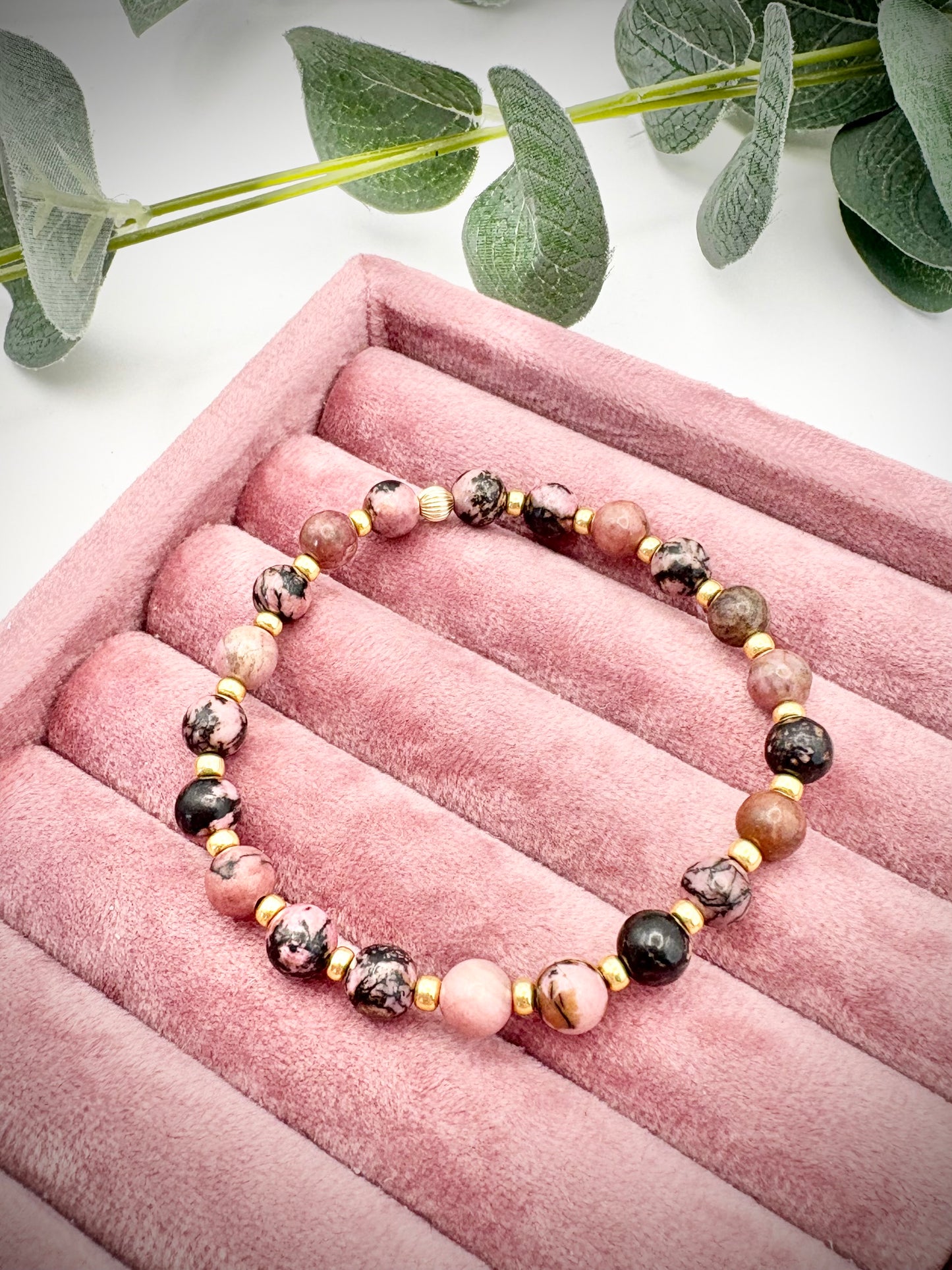 Rhodonite Gemstone and Gold Seed Beaded Stretch Bracelet