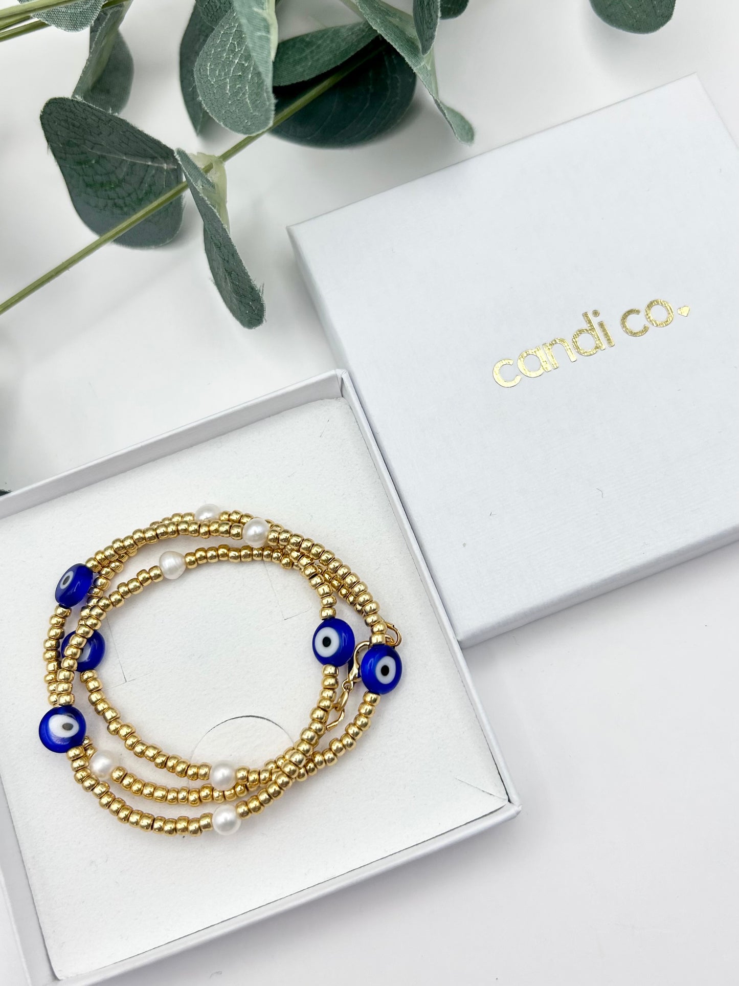Seed Bead Evil Eye Freshwater Pearl Necklace Gold or Silver-Plated