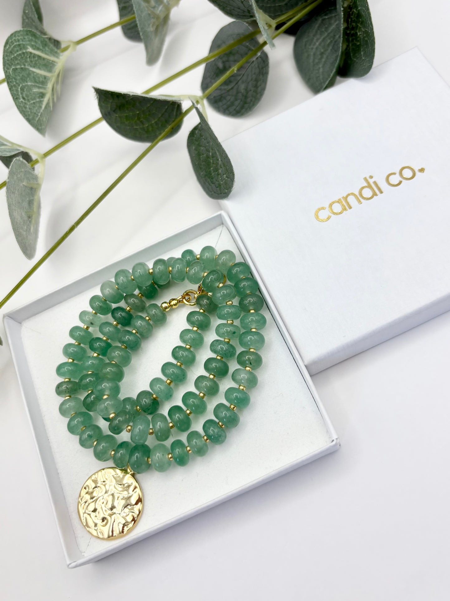 Green Aventurine Rondelle Gemstone Necklace With Disc Charm