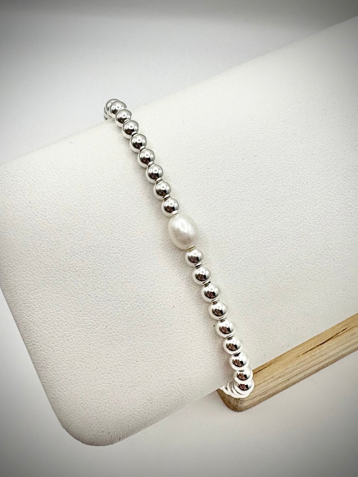 Freshwater Pearl 925 Sterling Silver 4mm Beaded Stretch Bracelet - Perfect For Stacking
