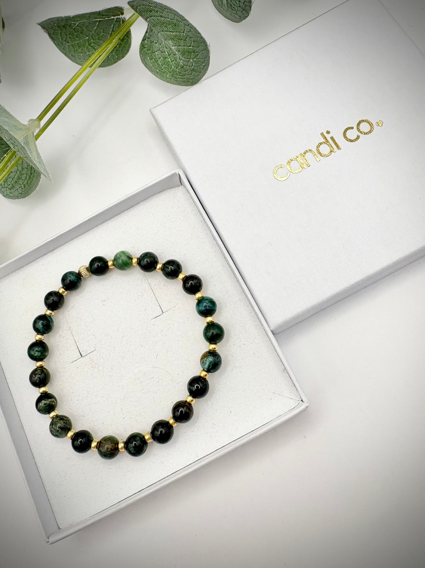 Zambian Emerald Gemstone and Gold Seed Beaded Stretch Bracelet