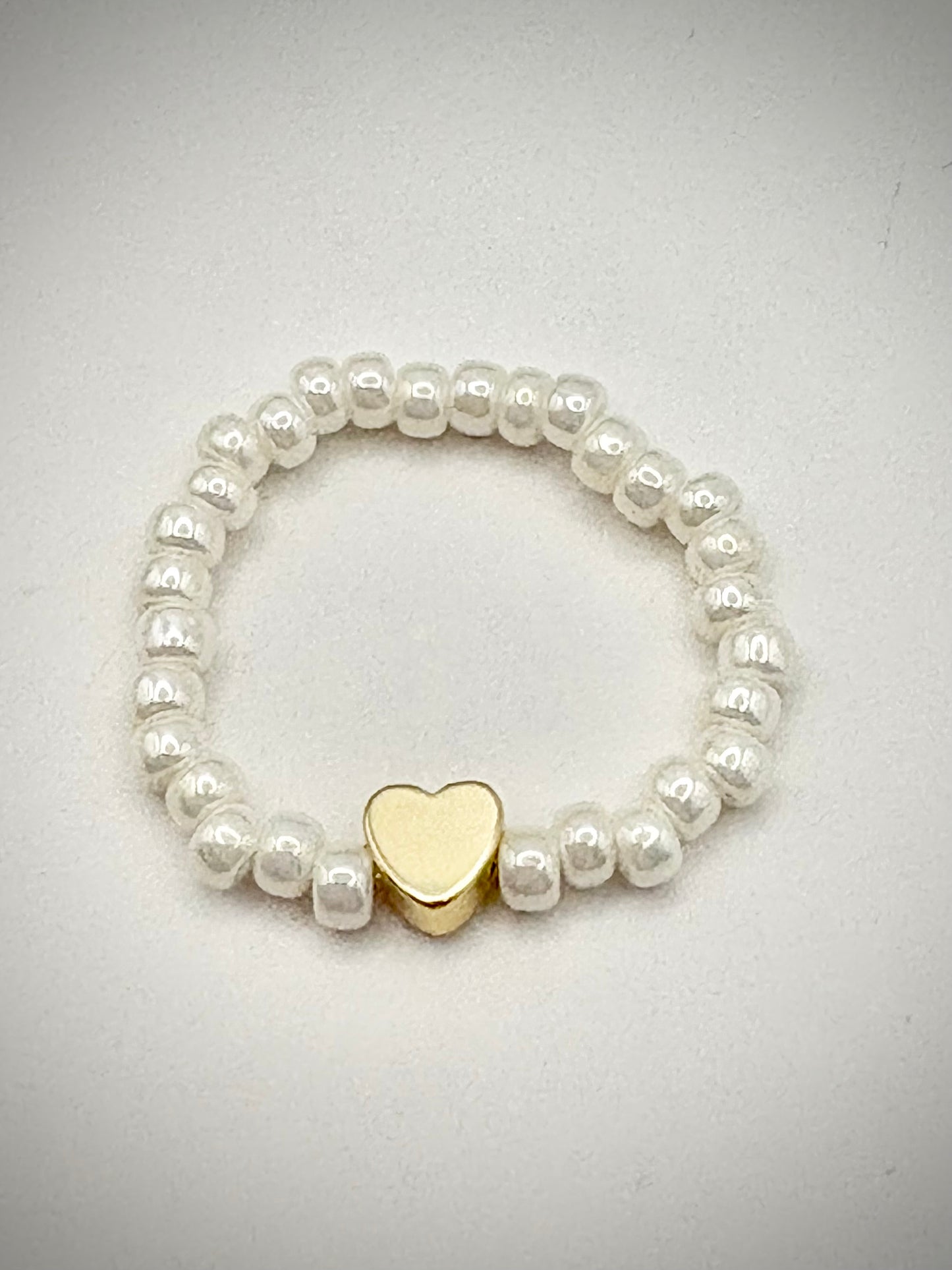 Pearl 3mm Seed Beaded Stretch Ring with Gold-Plated Heart Bead - Perfect For Stacking