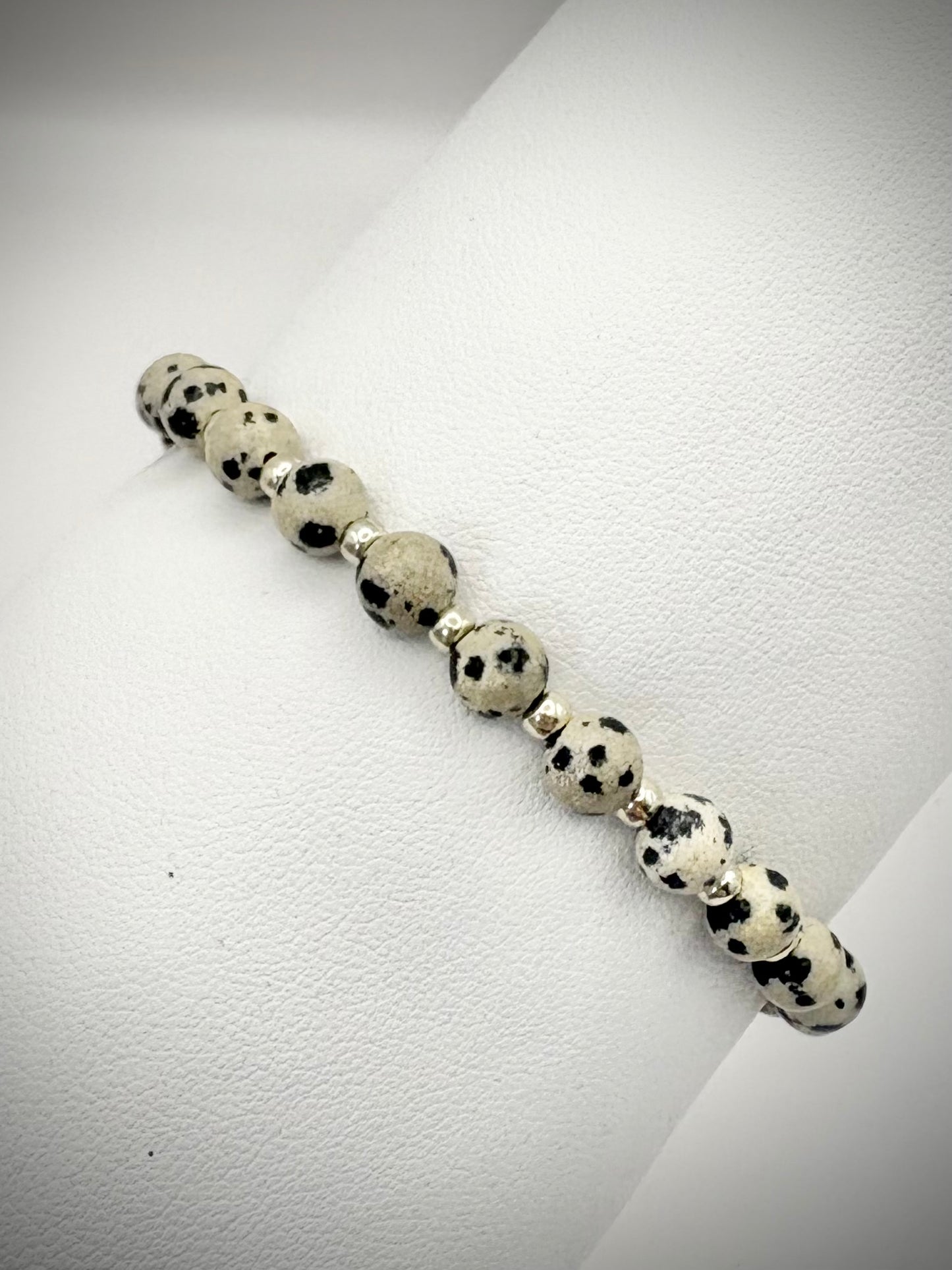 Dalmatian Jasper Gemstone and Silver Seed Beaded Stretch Bracelet