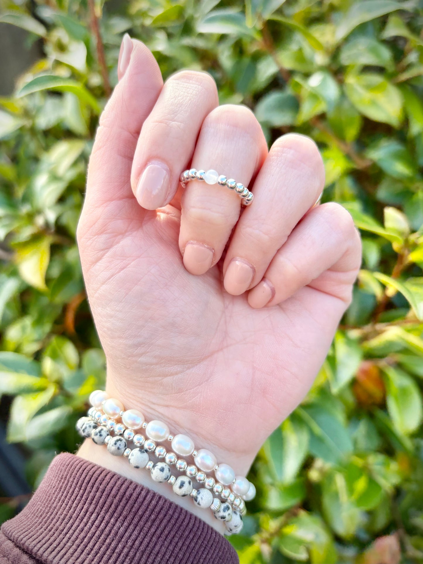 Luxe 925 Sterling Silver 3mm Beaded Stretch Ring With Moonstone - Perfect For Stacking