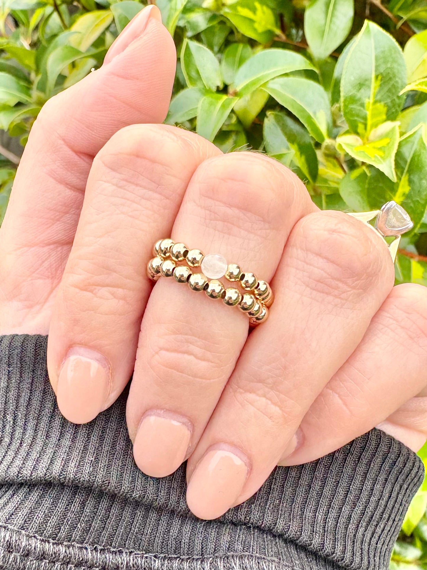 Luxe 14k Gold-filled 3mm Beaded Stretch Ring With Moonstone - Perfect For Stacking