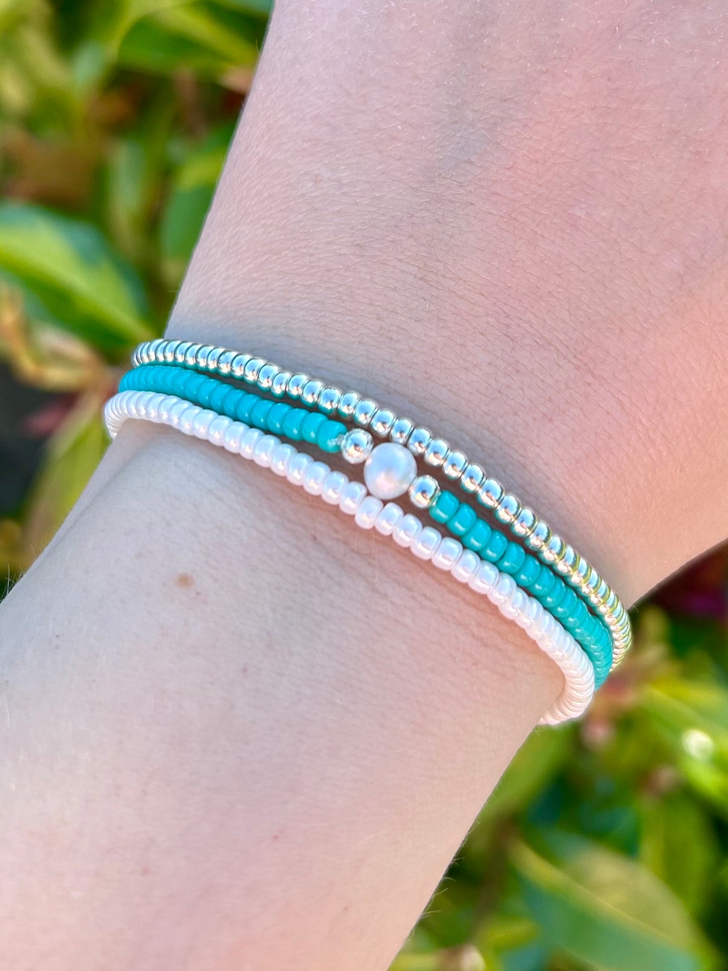 Stacking Vibrant Seed Bead Freshwater Pearl Bracelet Trio - Various Colours