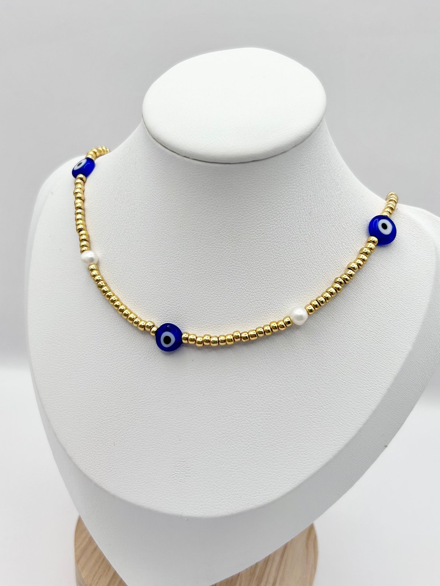 Seed Bead Evil Eye Freshwater Pearl Necklace Gold or Silver-Plated