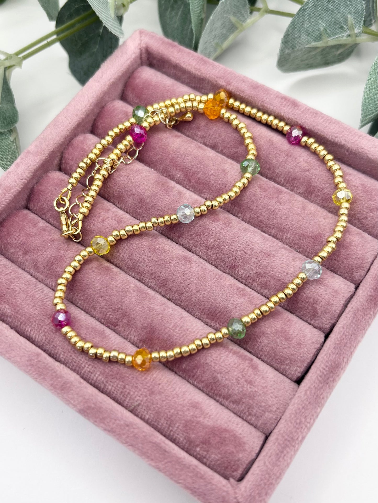 Dainty Rainbow Crystal Seed Bead Necklace Gold-Plated