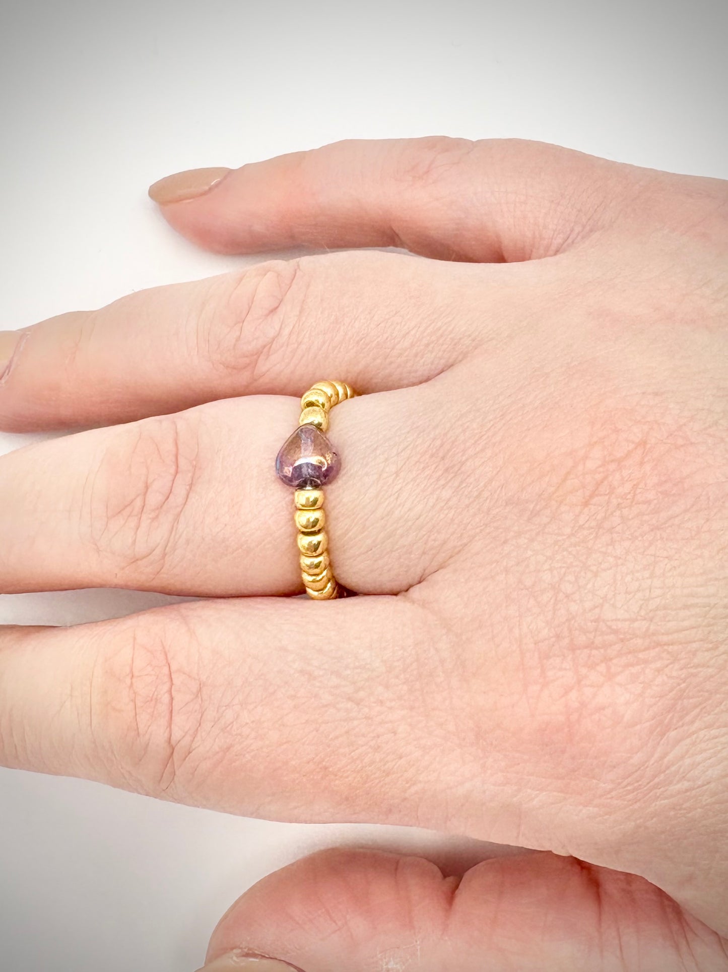 Gold 3mm Seed Beaded Stretch Ring with Czech Glass Heart Bead - Perfect For Stacking
