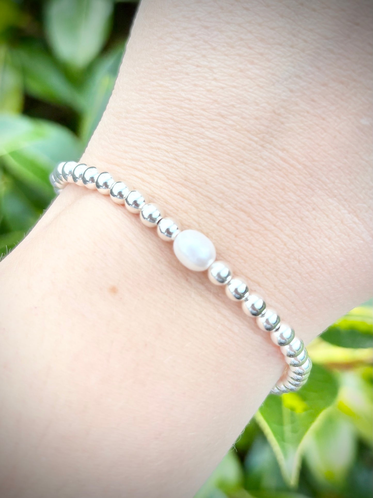 Freshwater Pearl 925 Sterling Silver 4mm Beaded Stretch Bracelet - Perfect For Stacking
