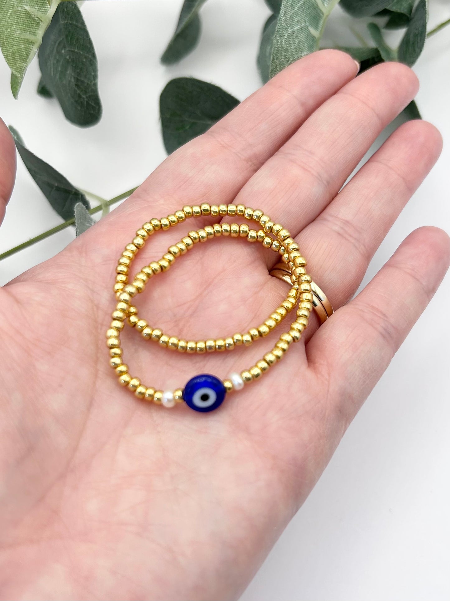 Seed Bead Evil Eye Freshwater Pearl Anklet Gold or Silver-Plated