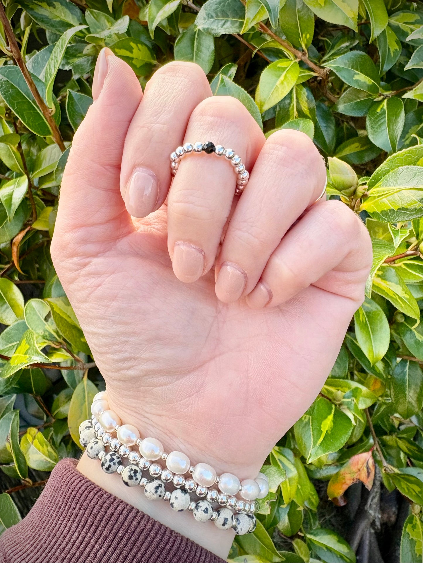 Luxe 925 Sterling Silver 3mm Beaded Stretch Ring With Black Tourmaline - Perfect For Stacking