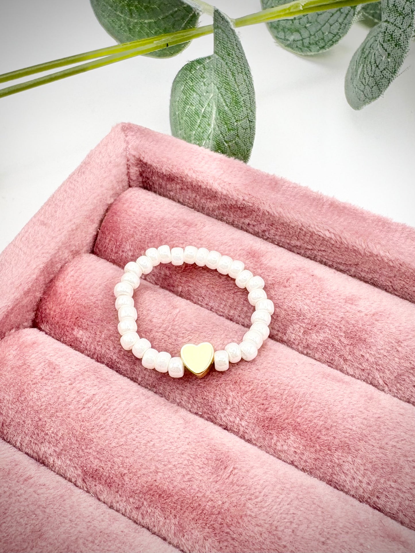 Pearl 3mm Seed Beaded Stretch Ring with Gold-Plated Heart Bead - Perfect For Stacking
