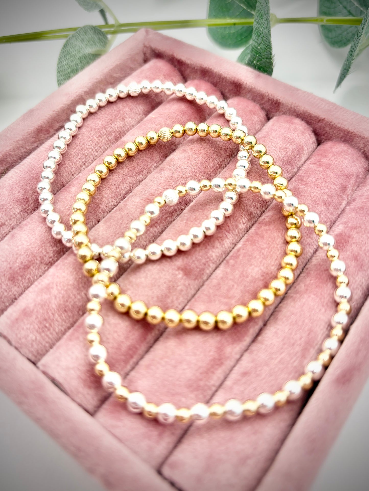 Mixed Metal Gold-filled and 925 Sterling Silver 4mm Beaded Stretch Bracelet - Perfect For Stacking