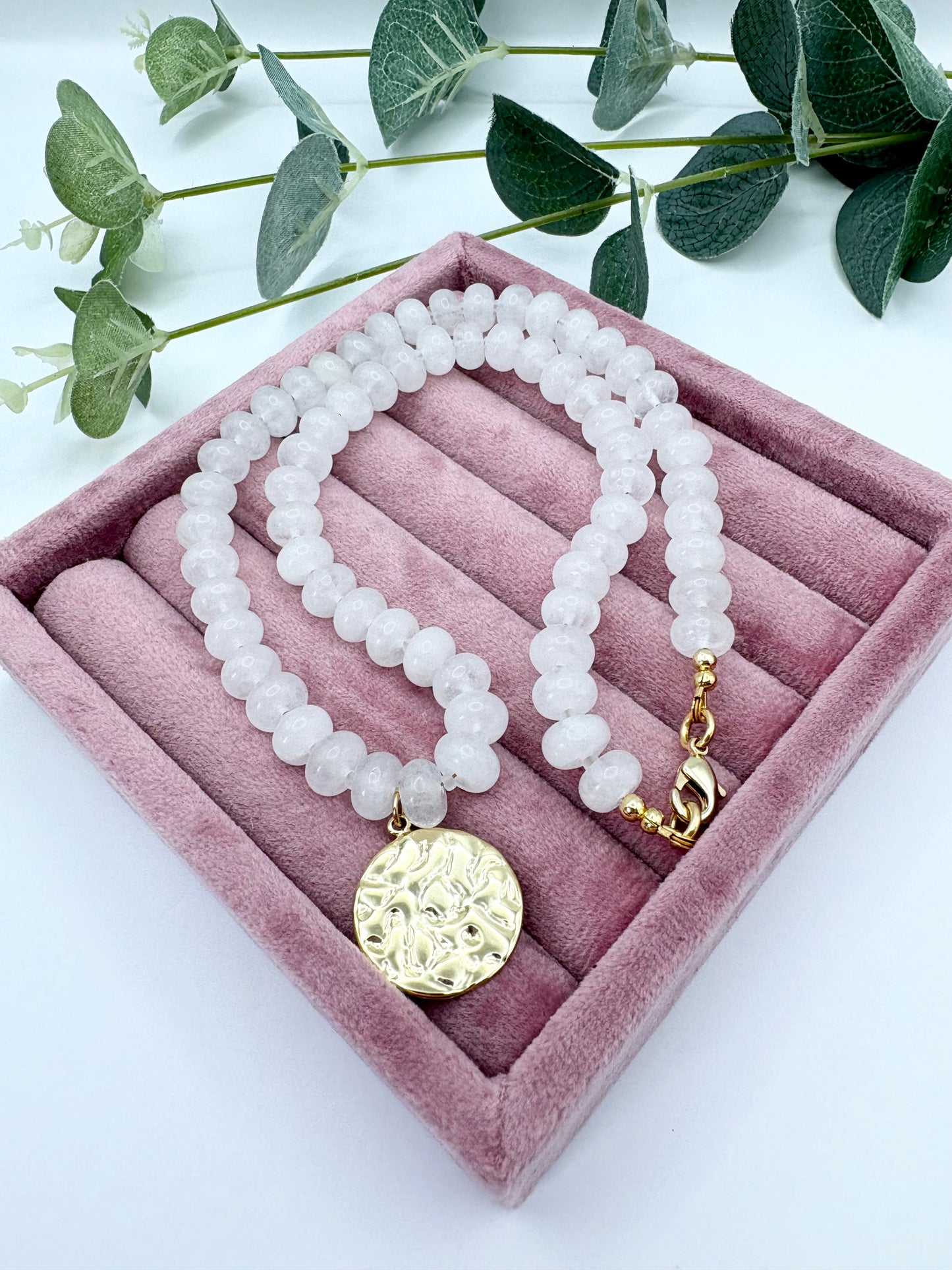 Cloudy Quartz Rondelle Gemstone Necklace With Disc Charm
