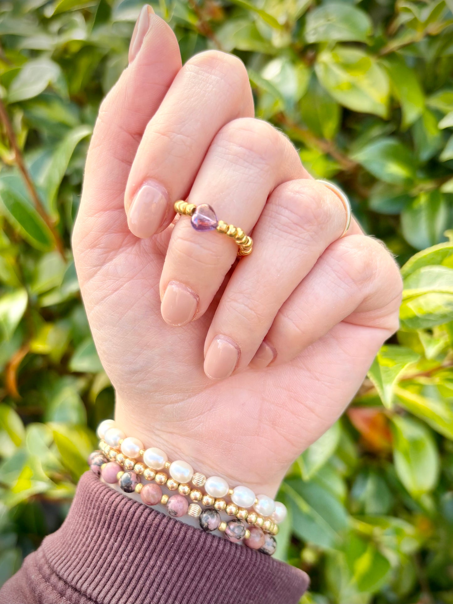 Gold 3mm Seed Beaded Stretch Ring with Czech Glass Heart Bead - Perfect For Stacking