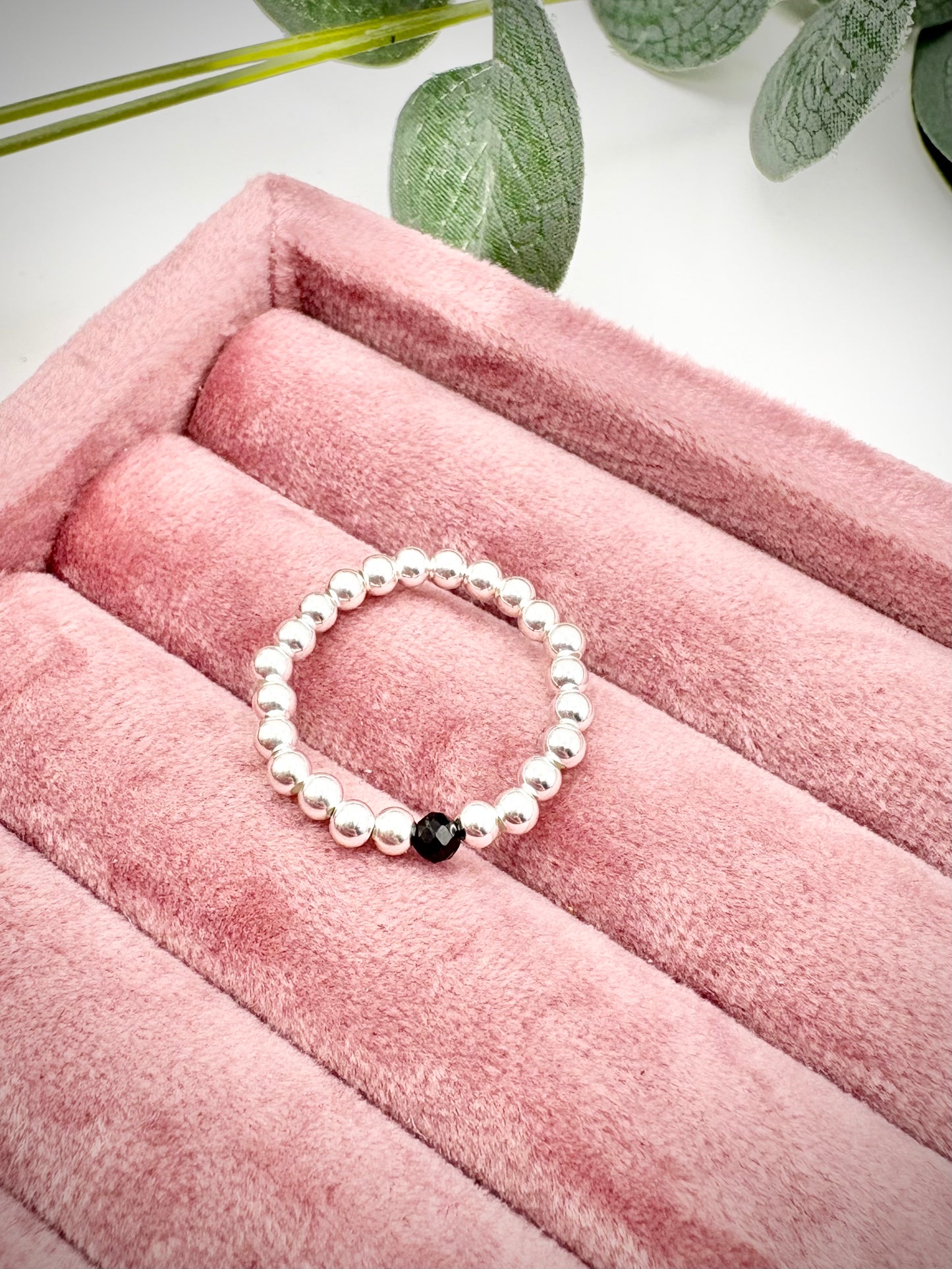 Luxe 925 Sterling Silver 3mm Beaded Stretch Ring With Black Tourmaline - Perfect For Stacking