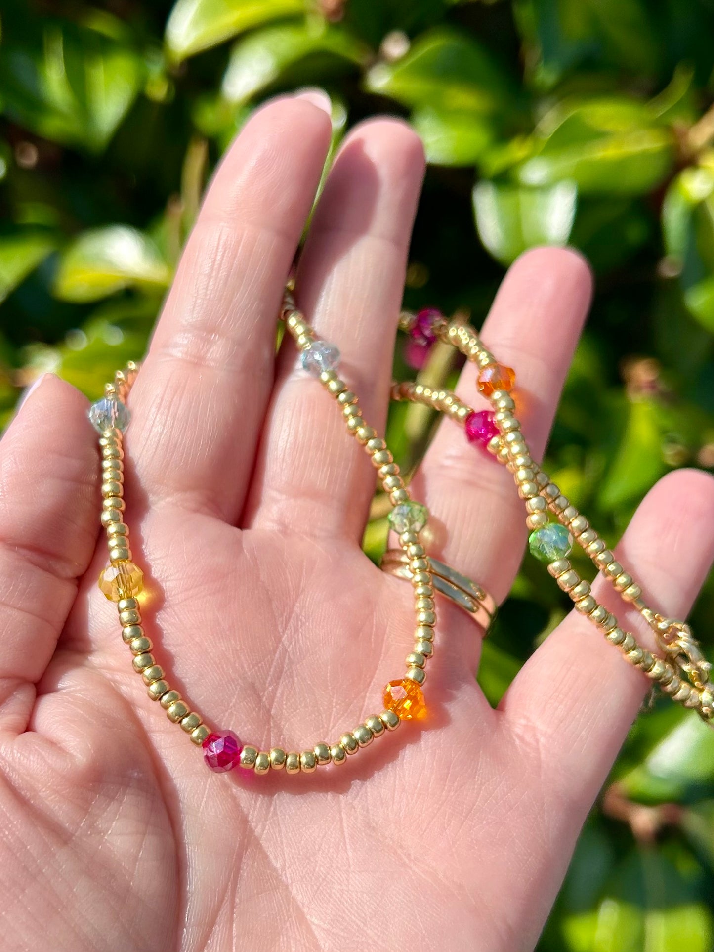 Dainty Rainbow Crystal Seed Bead Necklace Gold-Plated