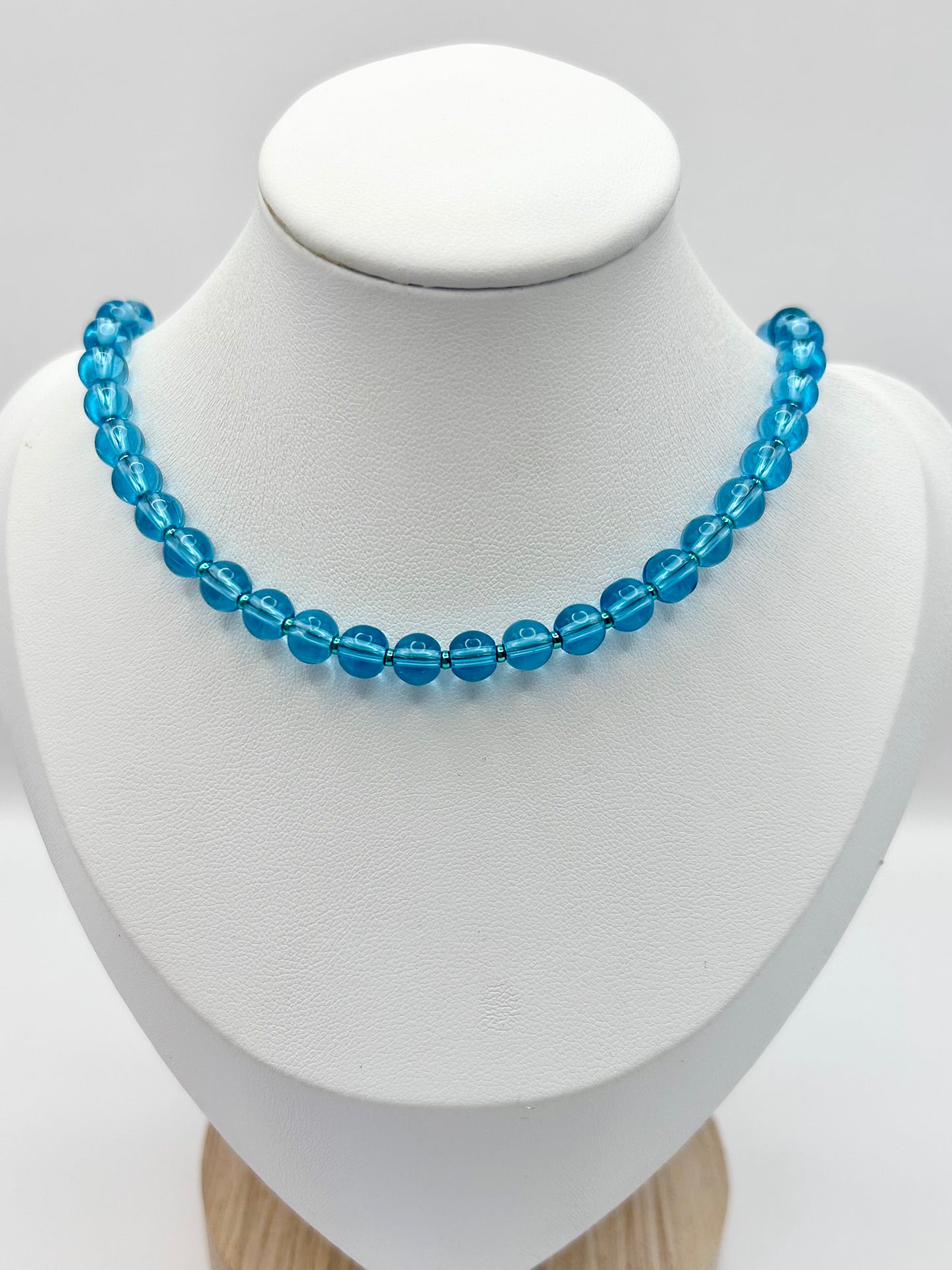Blue glass and green seed beaded necklace - SALE