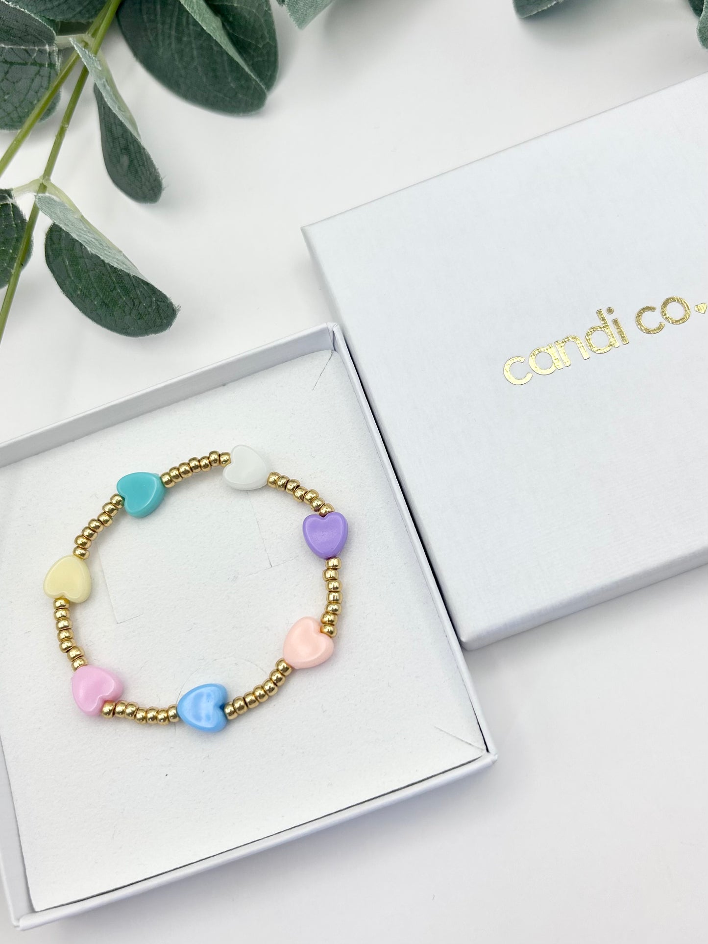 Pastel Heart Charm Seed Bead Bracelet Kids - Gold or Silver
