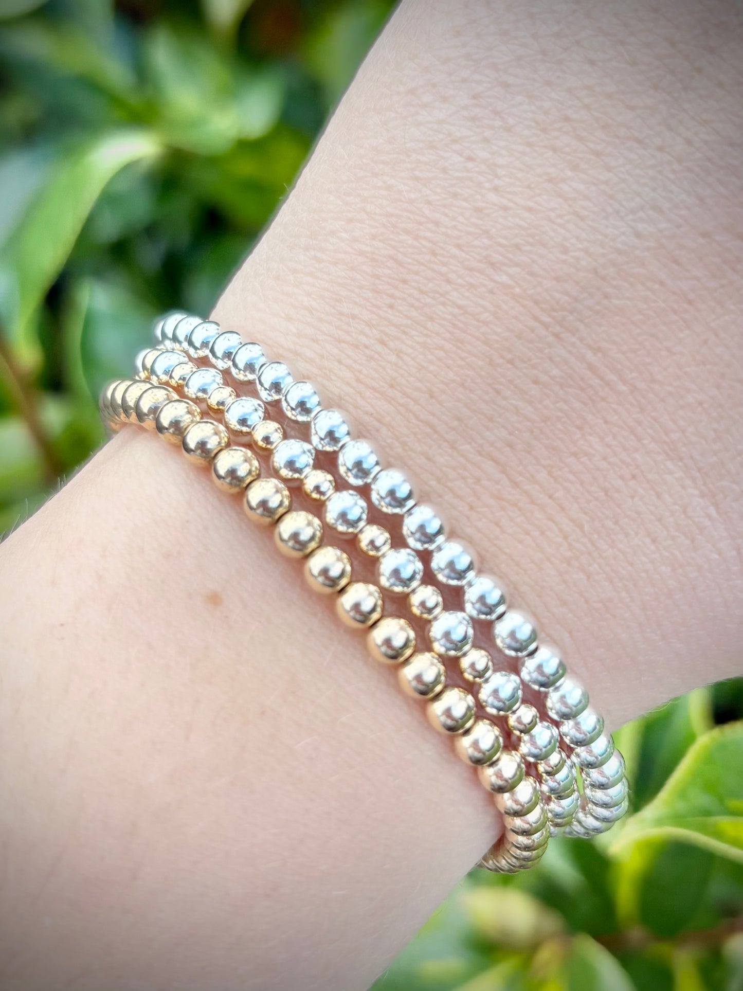 Mixed Metal Gold-filled and 925 Sterling Silver 4mm Beaded Stretch Bracelet - Perfect For Stacking