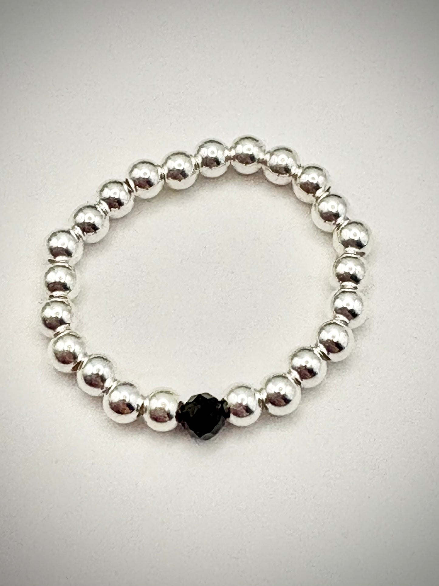 Luxe 925 Sterling Silver 3mm Beaded Stretch Ring With Black Tourmaline - Perfect For Stacking