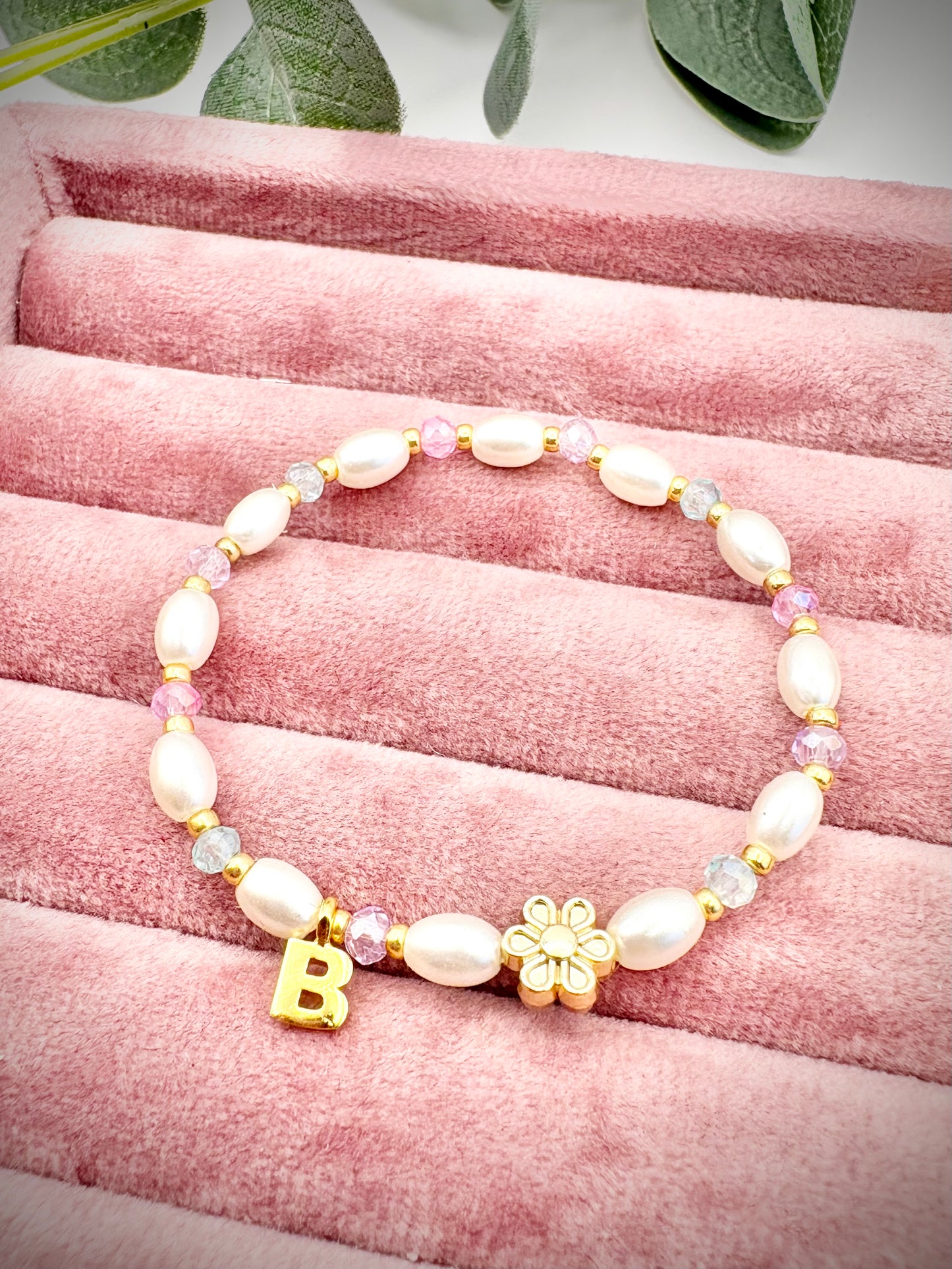 Personalised Glass Pearl & Crystal Flower Girl Bracelet Kids - Gold