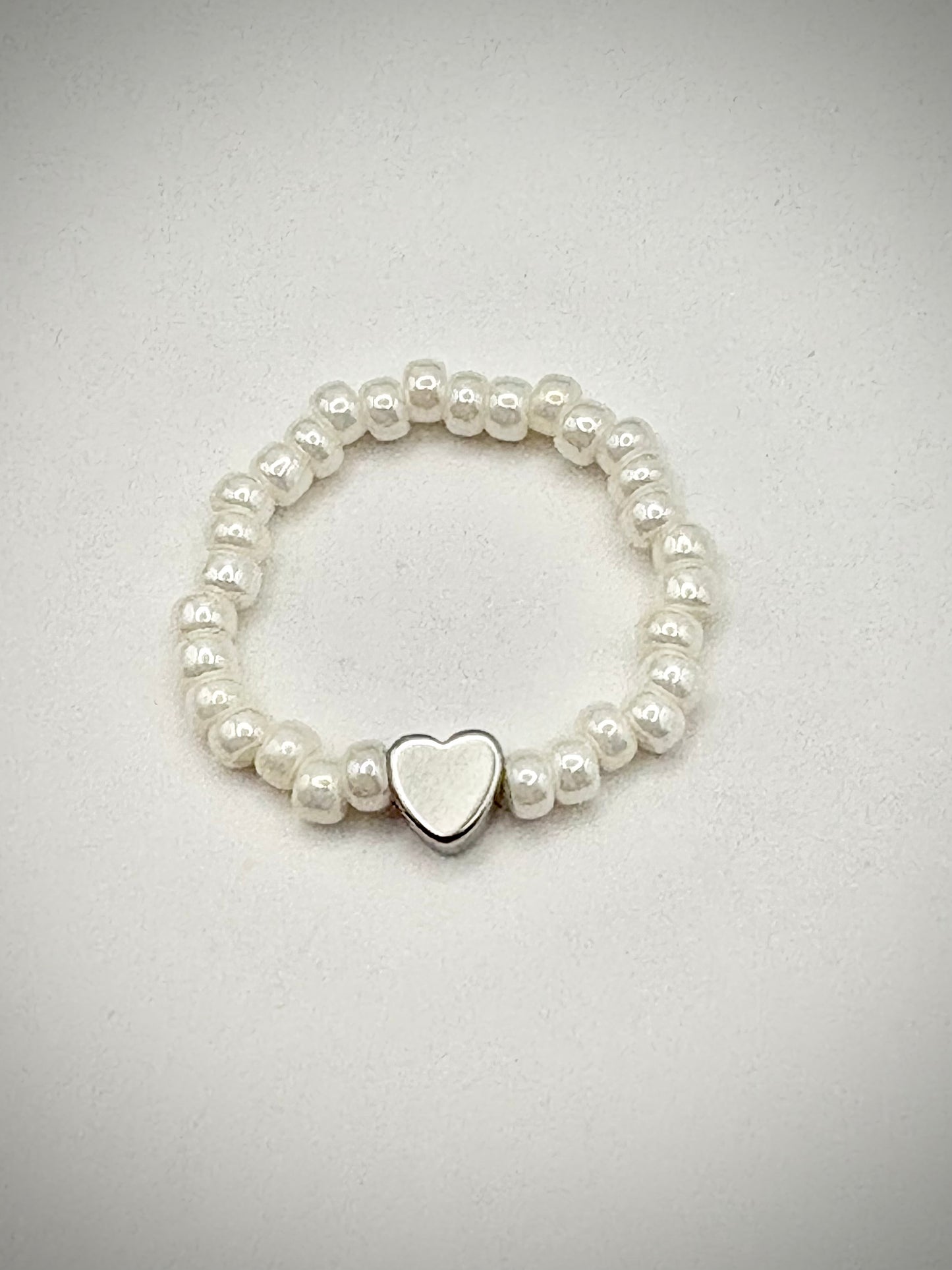 Pearl 3mm Seed Beaded Stretch Ring with Silver-Plated Heart Bead - Perfect For Stacking