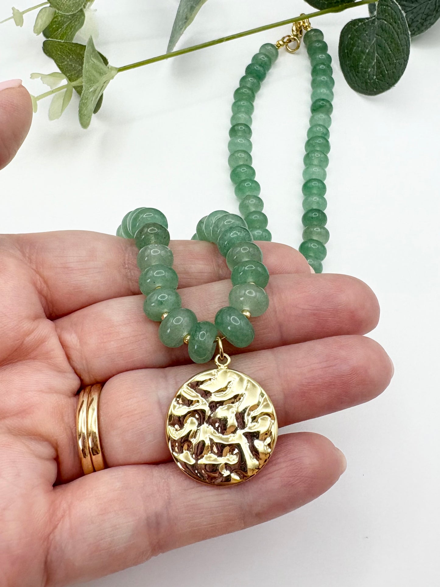 Green Aventurine Rondelle Gemstone Necklace With Disc Charm