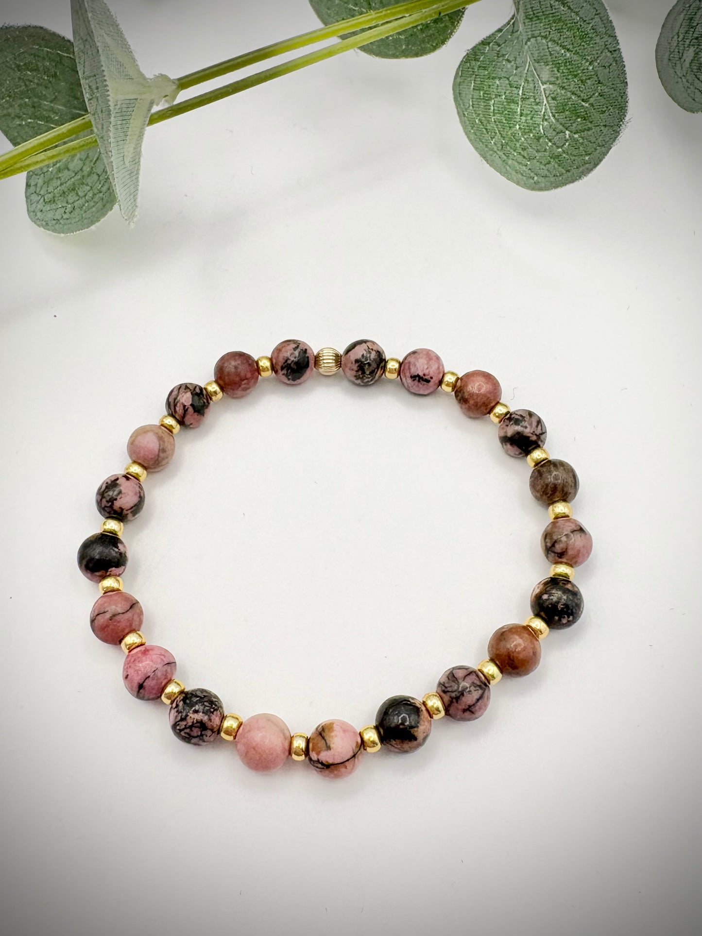 Rhodonite Gemstone and Gold Seed Beaded Stretch Bracelet