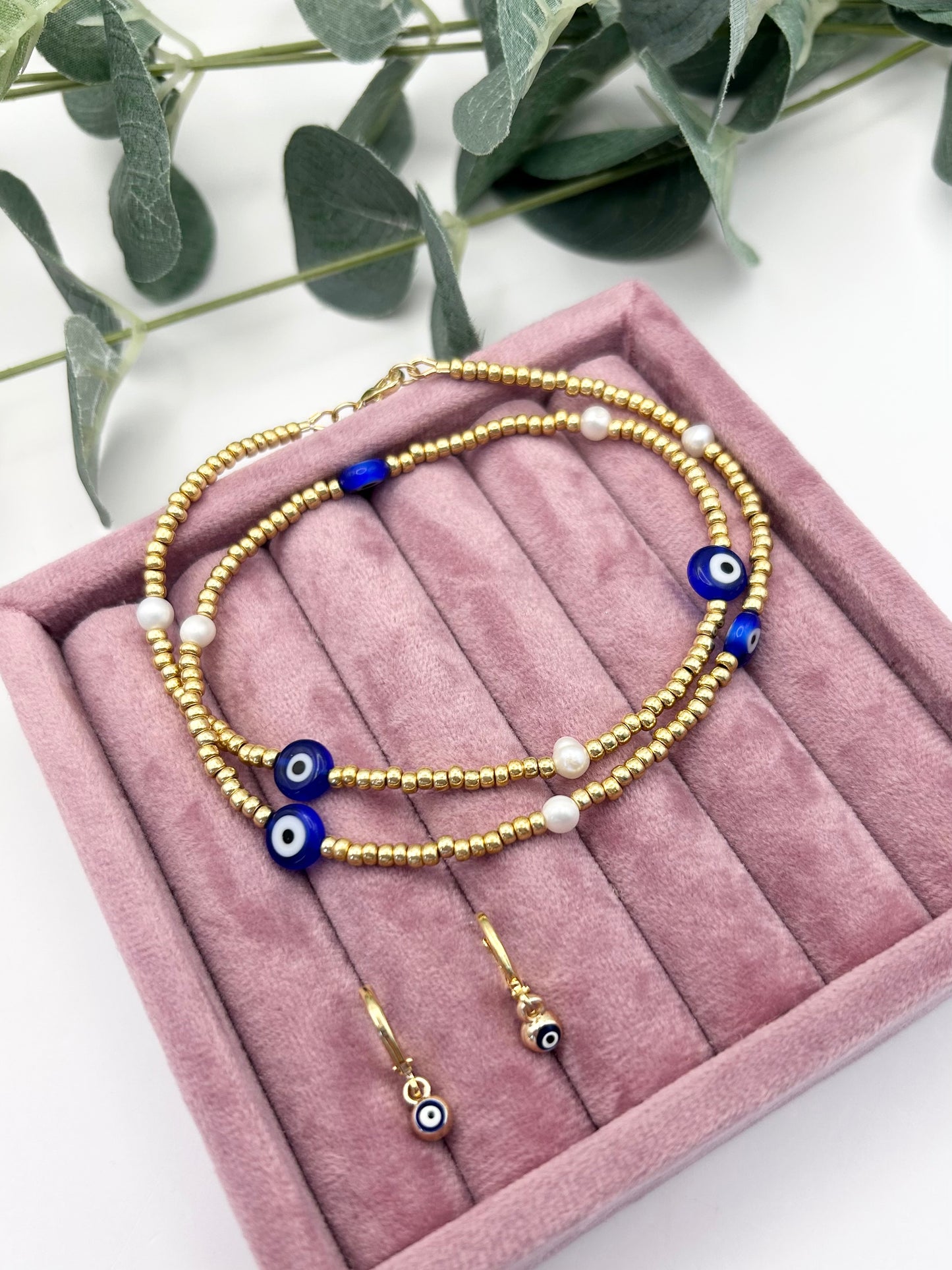 Seed Bead Evil Eye Freshwater Pearl Necklace Gold or Silver-Plated