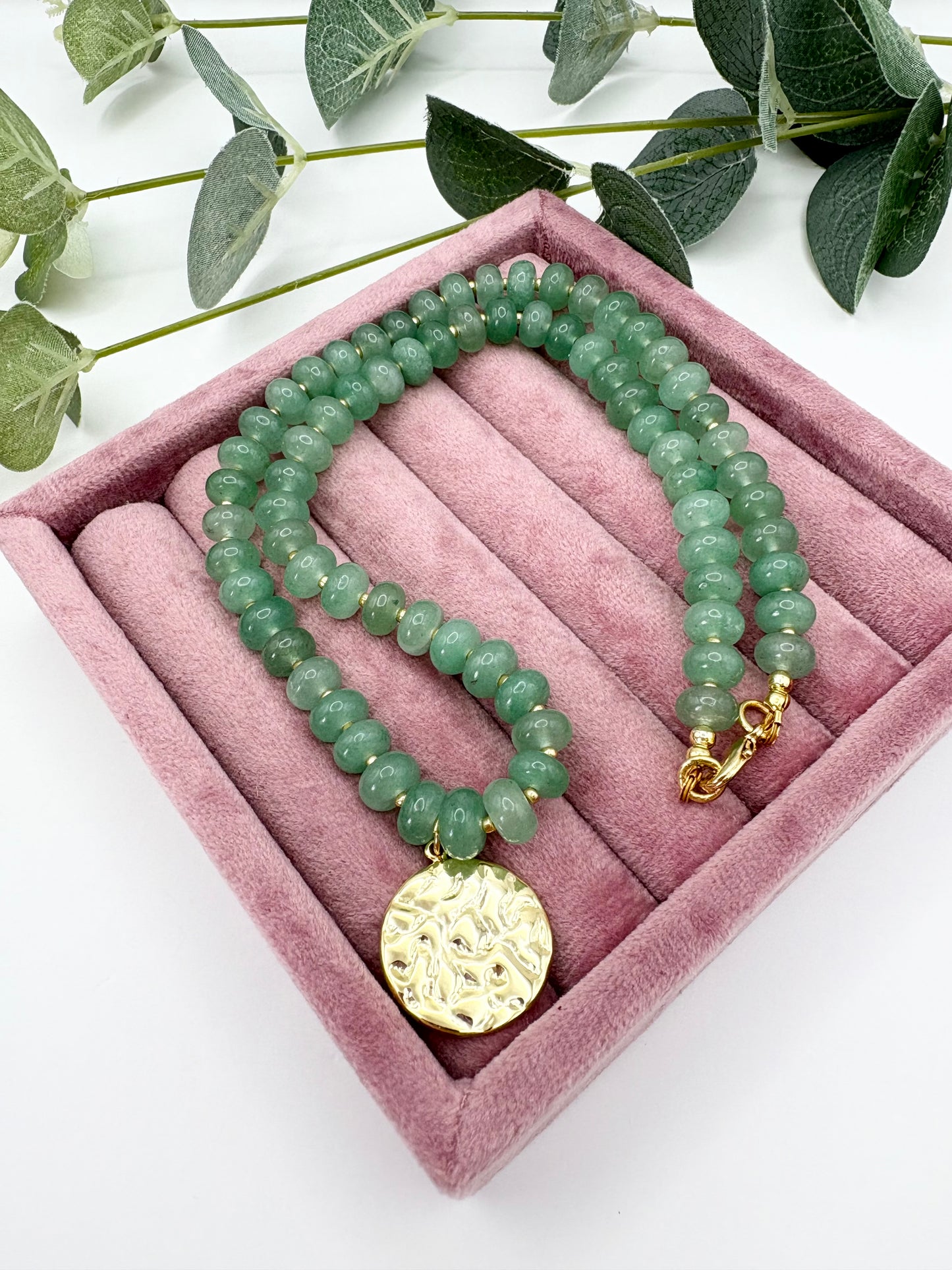 Green Aventurine Rondelle Gemstone Necklace With Disc Charm