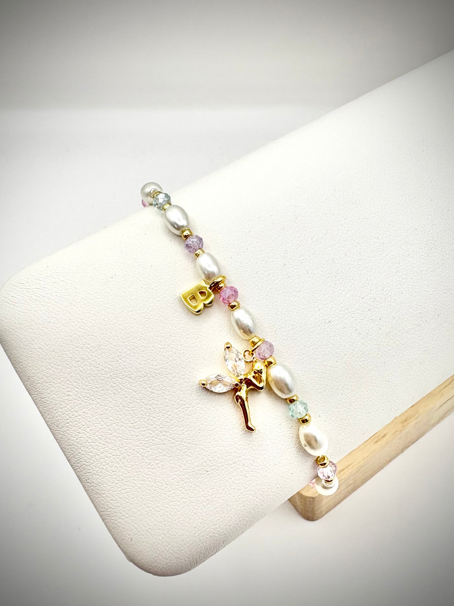 Personalised Glass Pearl & Crystal Fairy Bracelet Kids - Gold