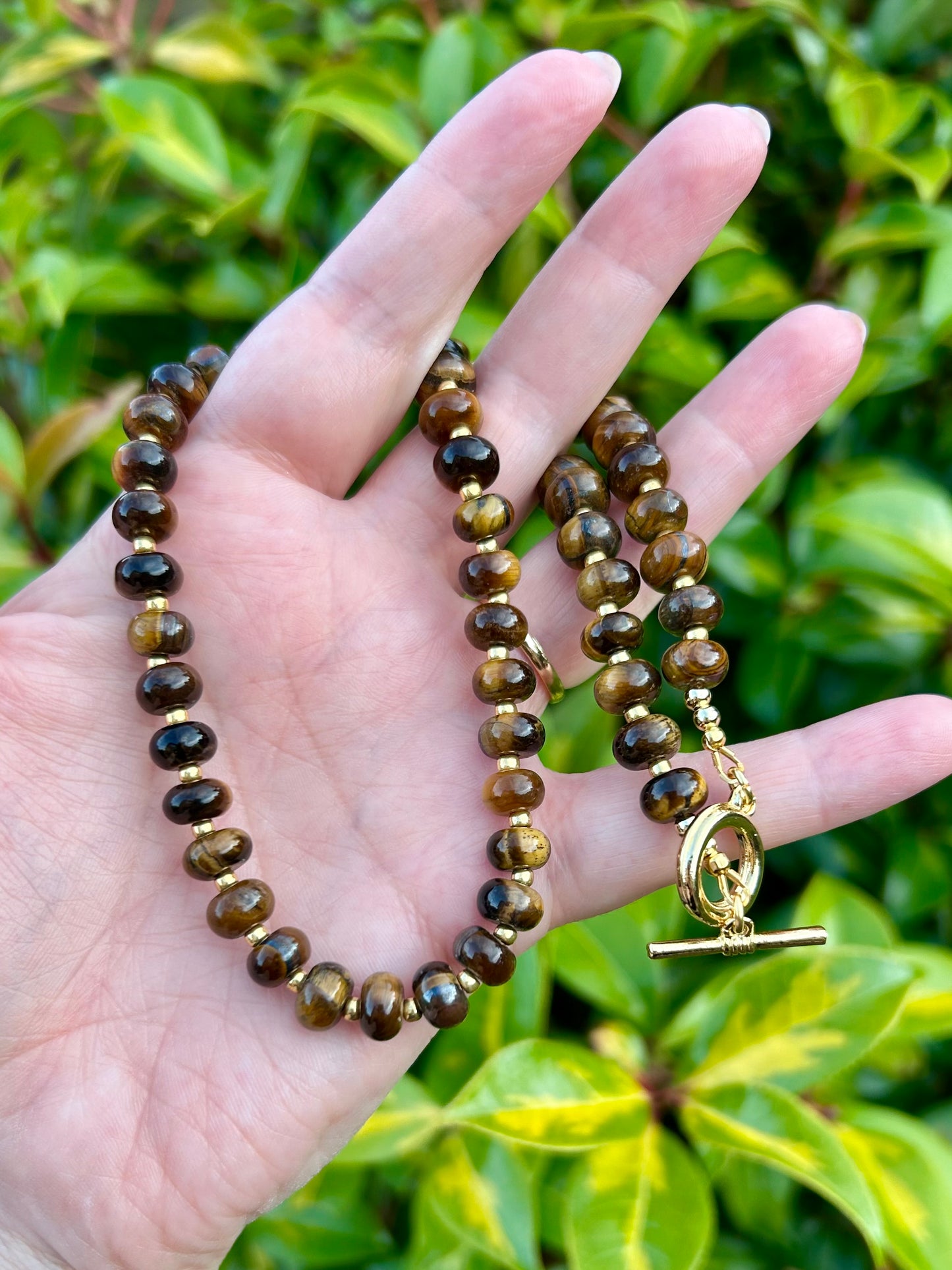 Tiger's Eye Rondelle Beaded Gemstone Necklace With Toggle Clasp - Gold-Plated