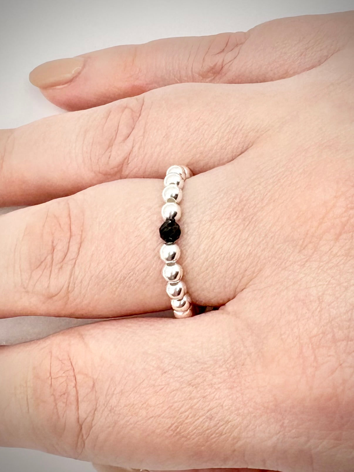Luxe 925 Sterling Silver 3mm Beaded Stretch Ring With Black Tourmaline - Perfect For Stacking