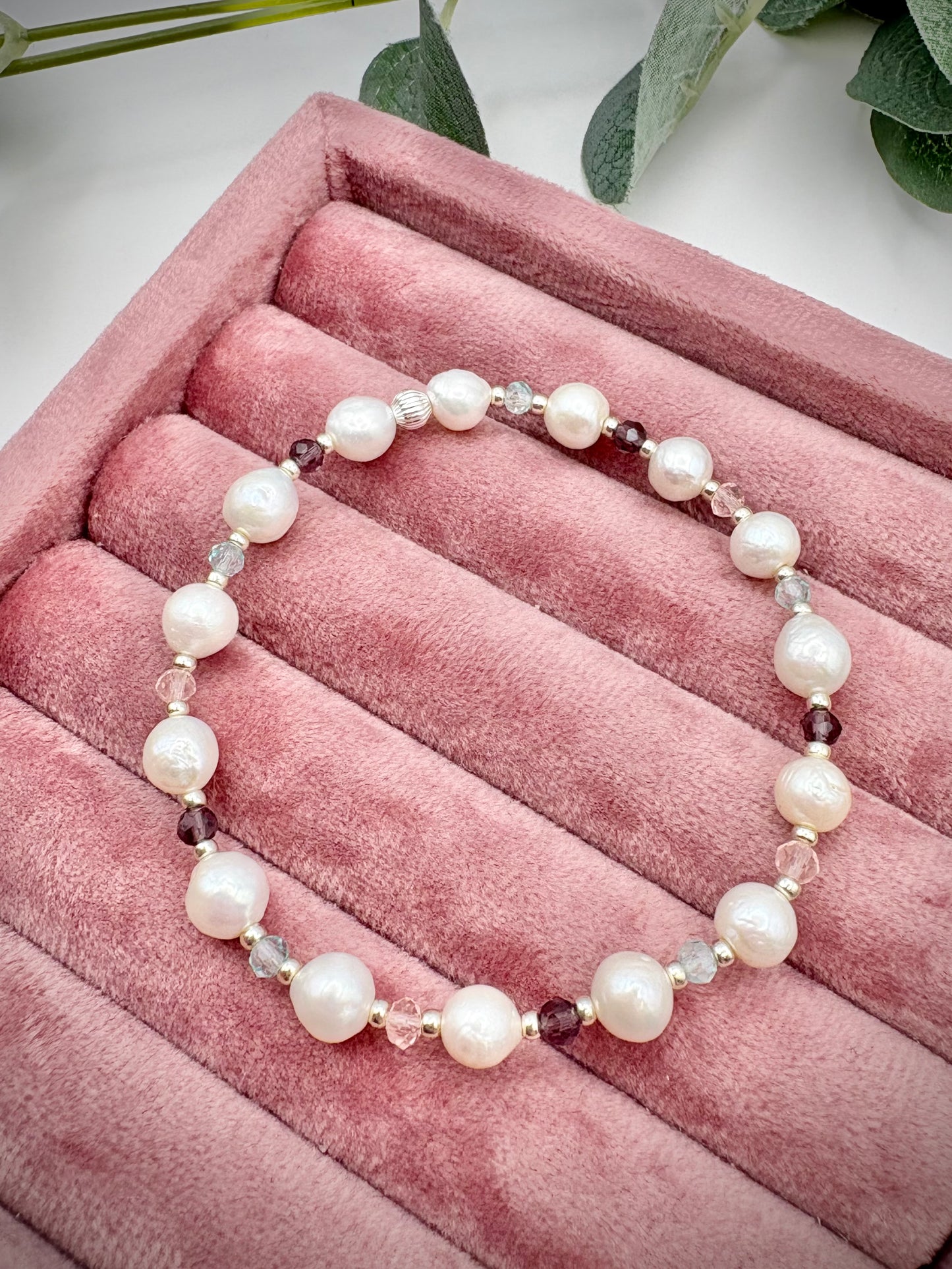 Freshwater Pearl & Crystal Beaded Bracelet - 925 Sterling Silver Clasp or Stretch