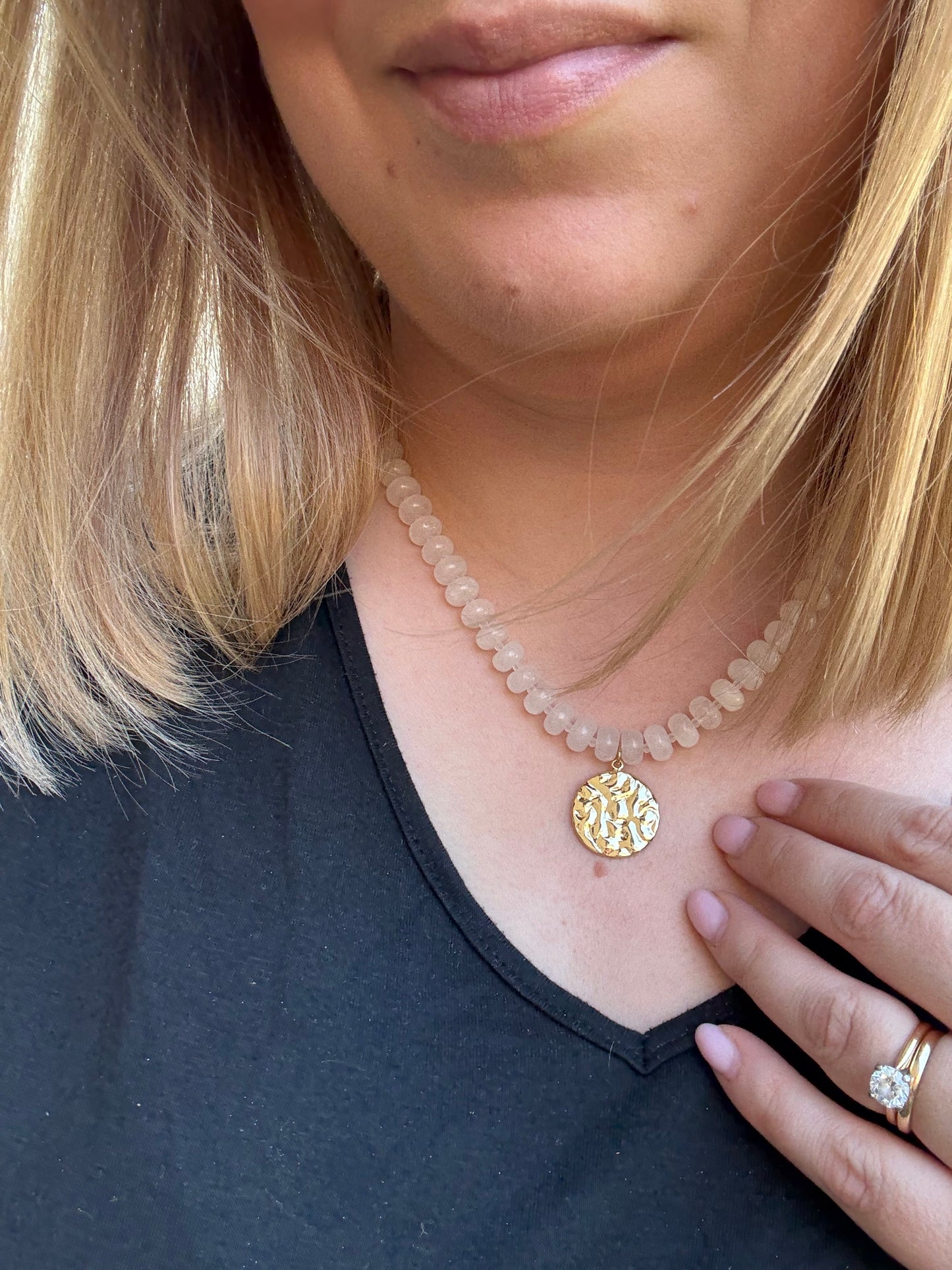 Cloudy Quartz Rondelle Gemstone Necklace With Disc Charm
