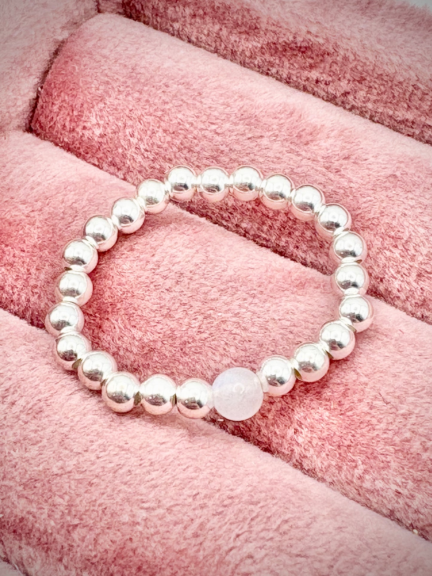 Luxe 925 Sterling Silver 3mm Beaded Stretch Ring With Moonstone - Perfect For Stacking
