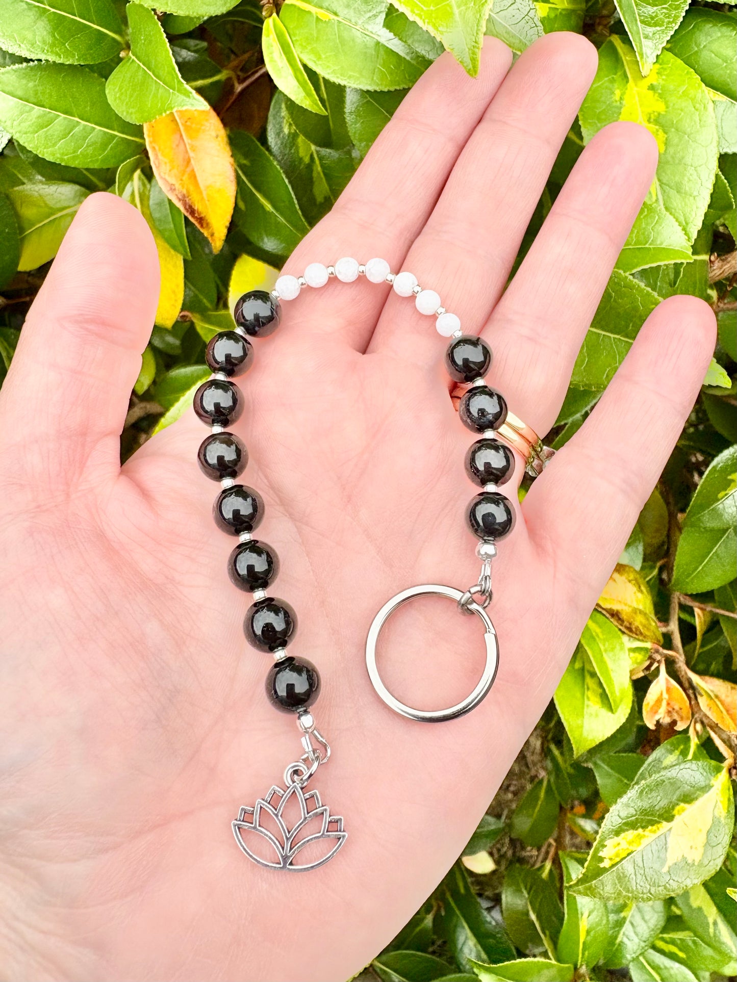 Breathing Beads Keyring - Black Onyx with White Malaysian Jade